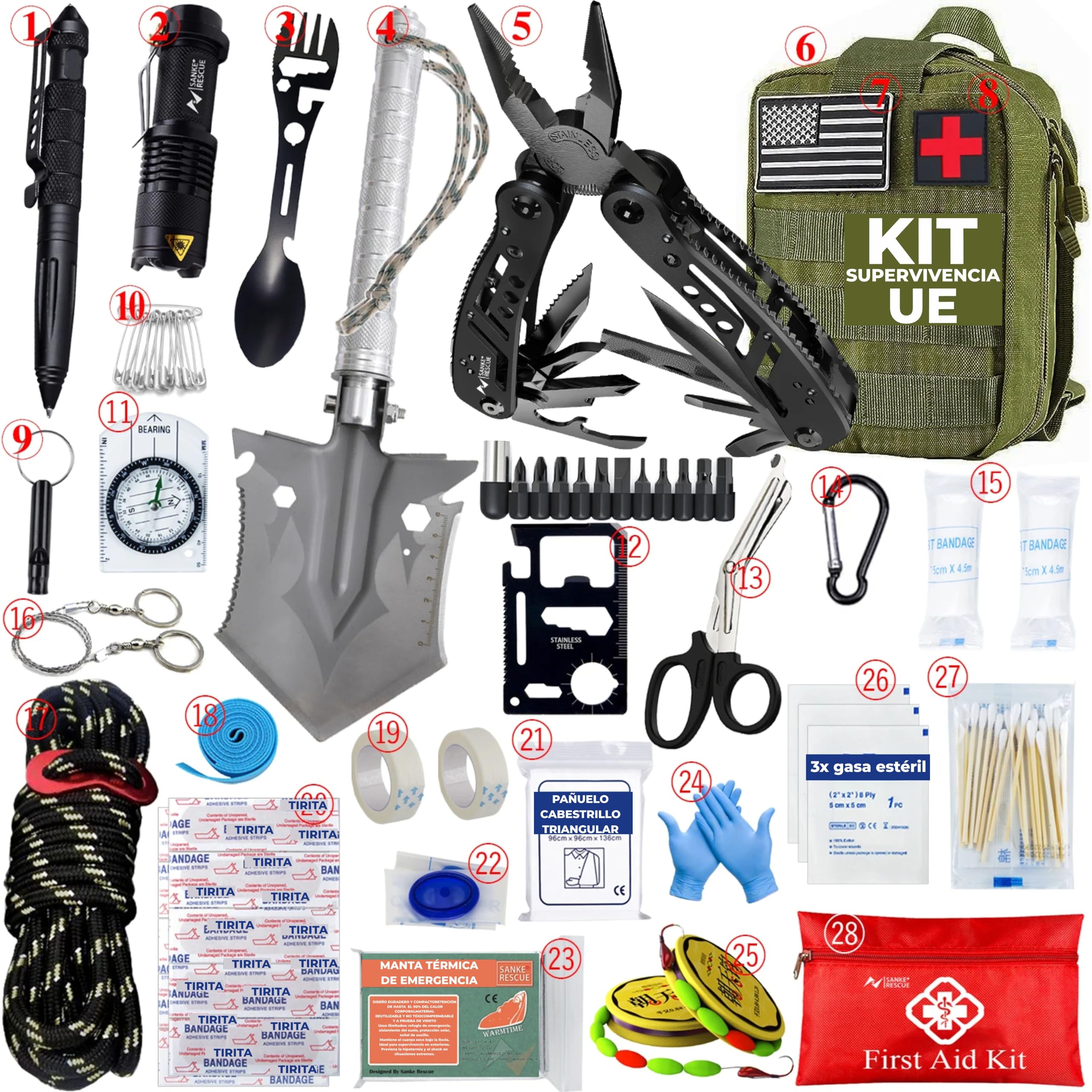 Kit Supervivencia UE 2025 con Mochila Botiquín y Linterna, Manta Térmica Supervivencia, Cuchillo Supervivencia Militar Profesional más Hacha, Tiritas, Vendas, Silbato y Brújula (Titán - Premium)
