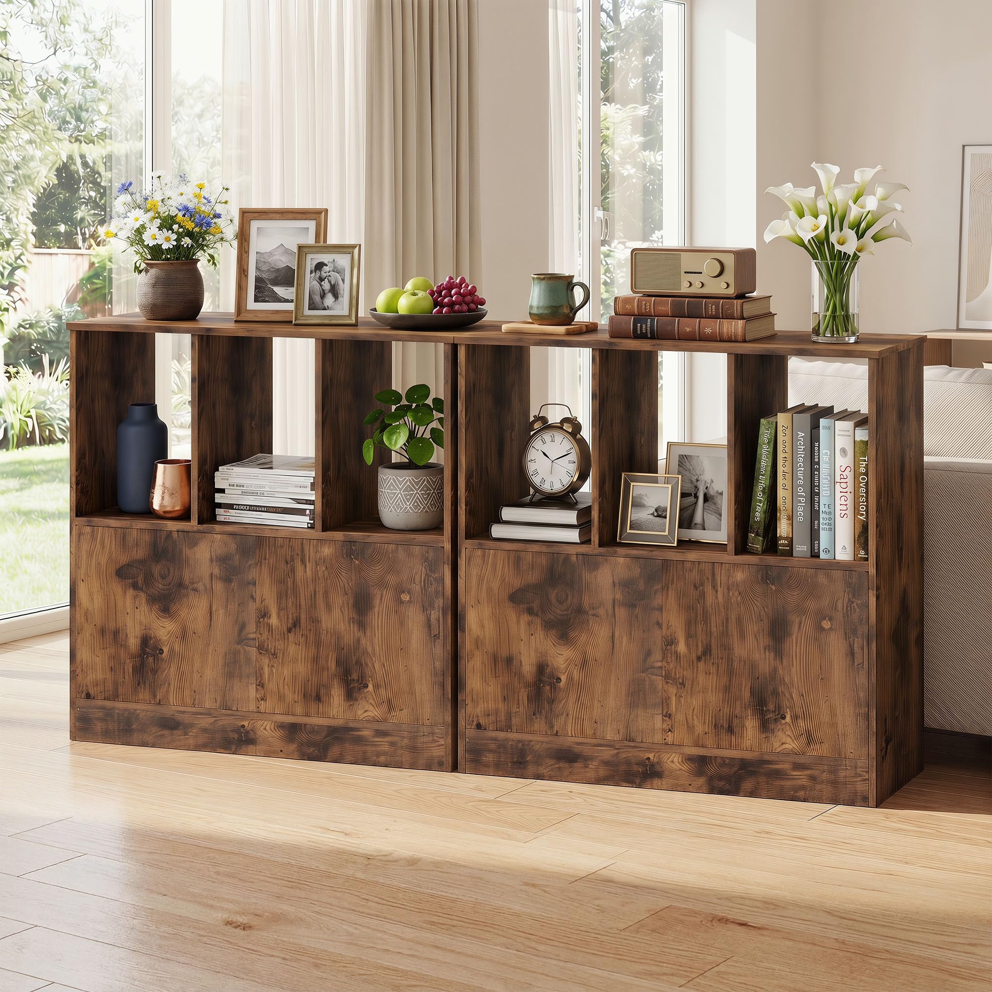 KOMFOTTEU Librería con 3 Compartimentos Abiertos, Estantería para Libros con Armario de Puertas, Mueble de Almacenamiento con Dispositivo Antivuelco para Salón, Oficina, 70 x 30 x 70 cm (Marrón)