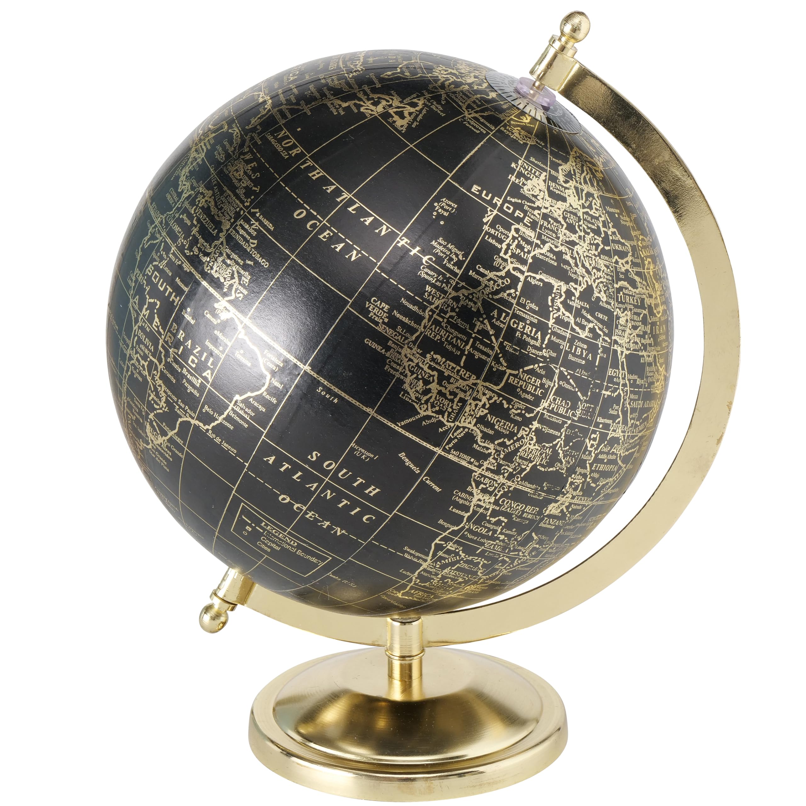 WHW Whole House Worlds Explorers Globe, Incised Details, Black With Gold Accents, Mapped with Locations, Longitude and Latitude, Resin, Crescent Stand Mounted, Circular Gallery Base, 12.25 Inches Tall