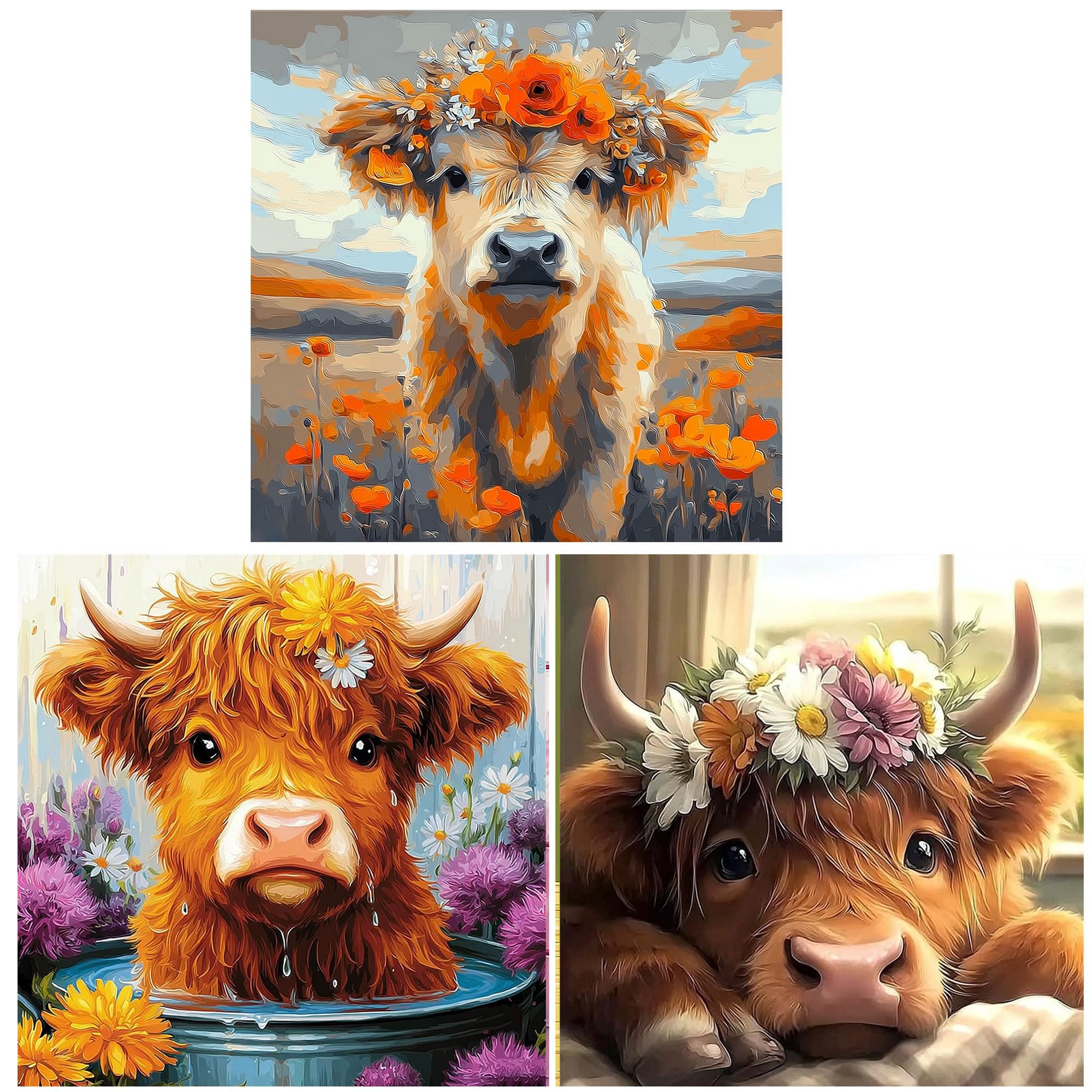 DIY 3 Pack Paint by Numbers Kits for Adults,Cow Painting Kit on Canvas, Color by Numbers,Large Adult Paint by Number for Home Wall Decor,Gifts