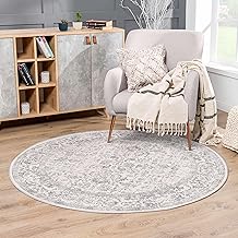 HUGEAR Round Rug 120cm Grey Non-Slip Round Rugs Washable in Washing Machine Round Rug Room Bedroom Dining Room Flower Vintage Rugs Short Hair