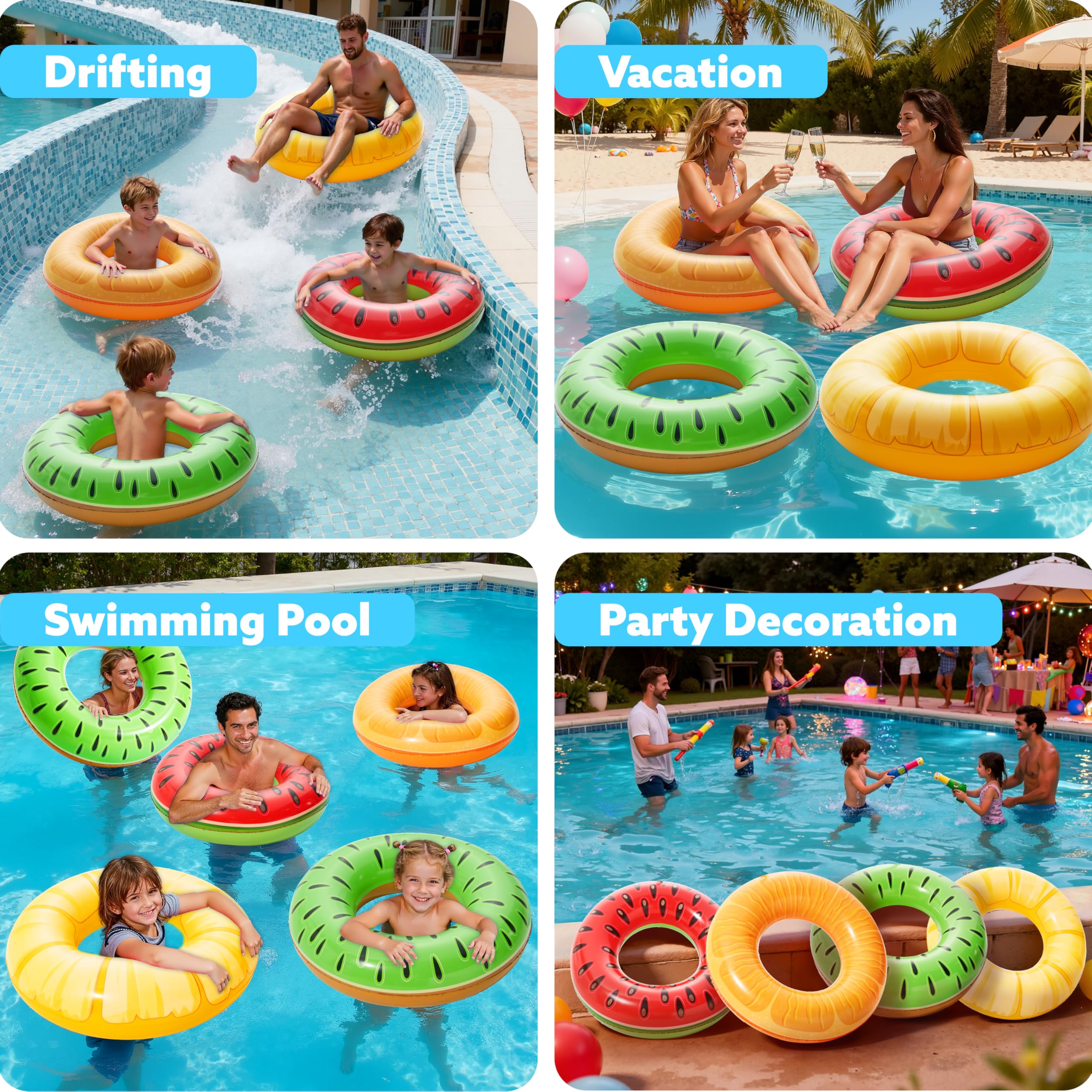 Sloosh 4 Packs de flotteurs gonflables pour Piscine, Tubes de Fruits, flotteurs pour Piscine, Jouets pour la Plage et la fête pour Les Enfants et Les Adultes
