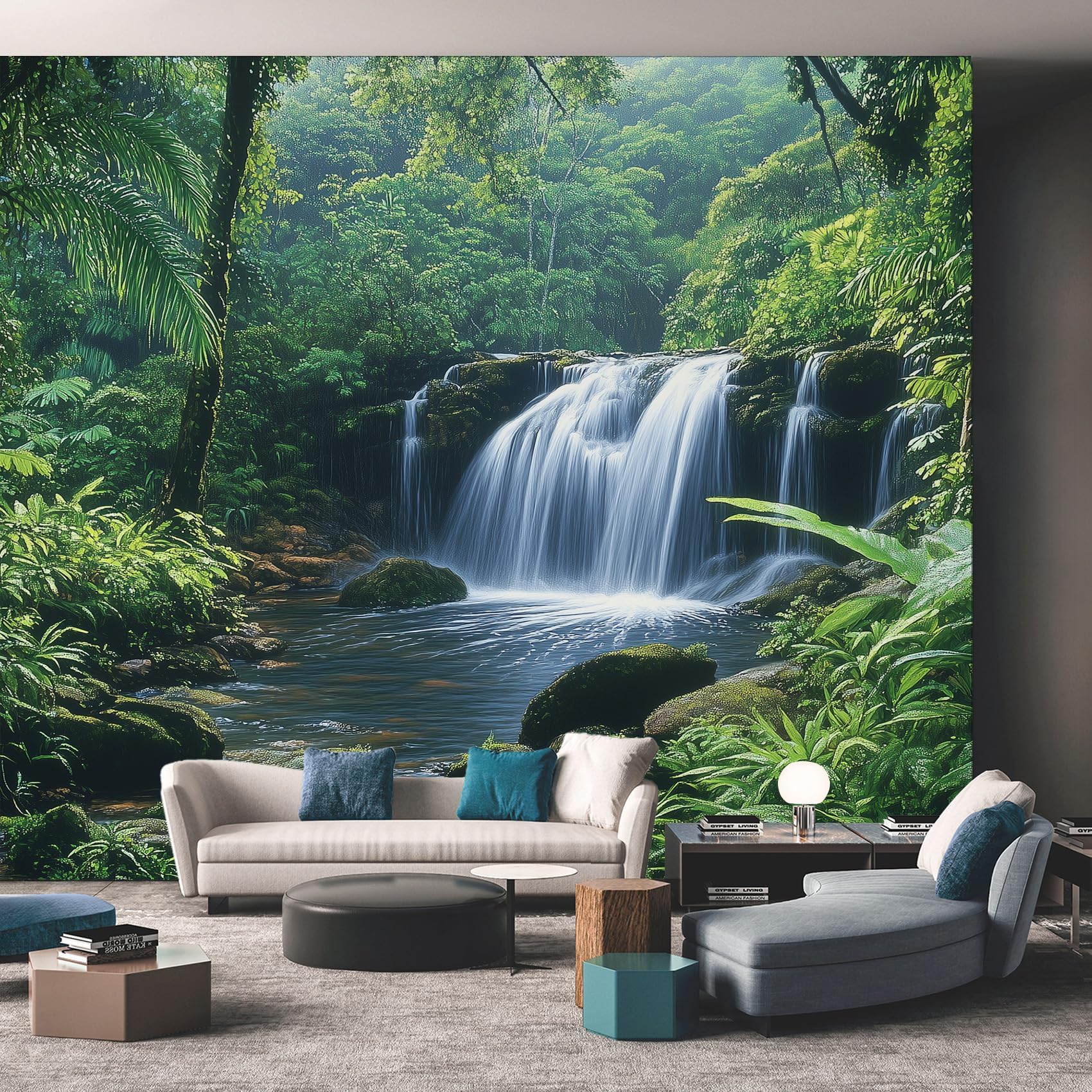 Waterfall Wallpaper for Living Room, Landscape Forest Nature Wall Mural for Bedroom, Non-Woven Photo Wallpaper Home Decor 366X254cm, Wall Decoration D3