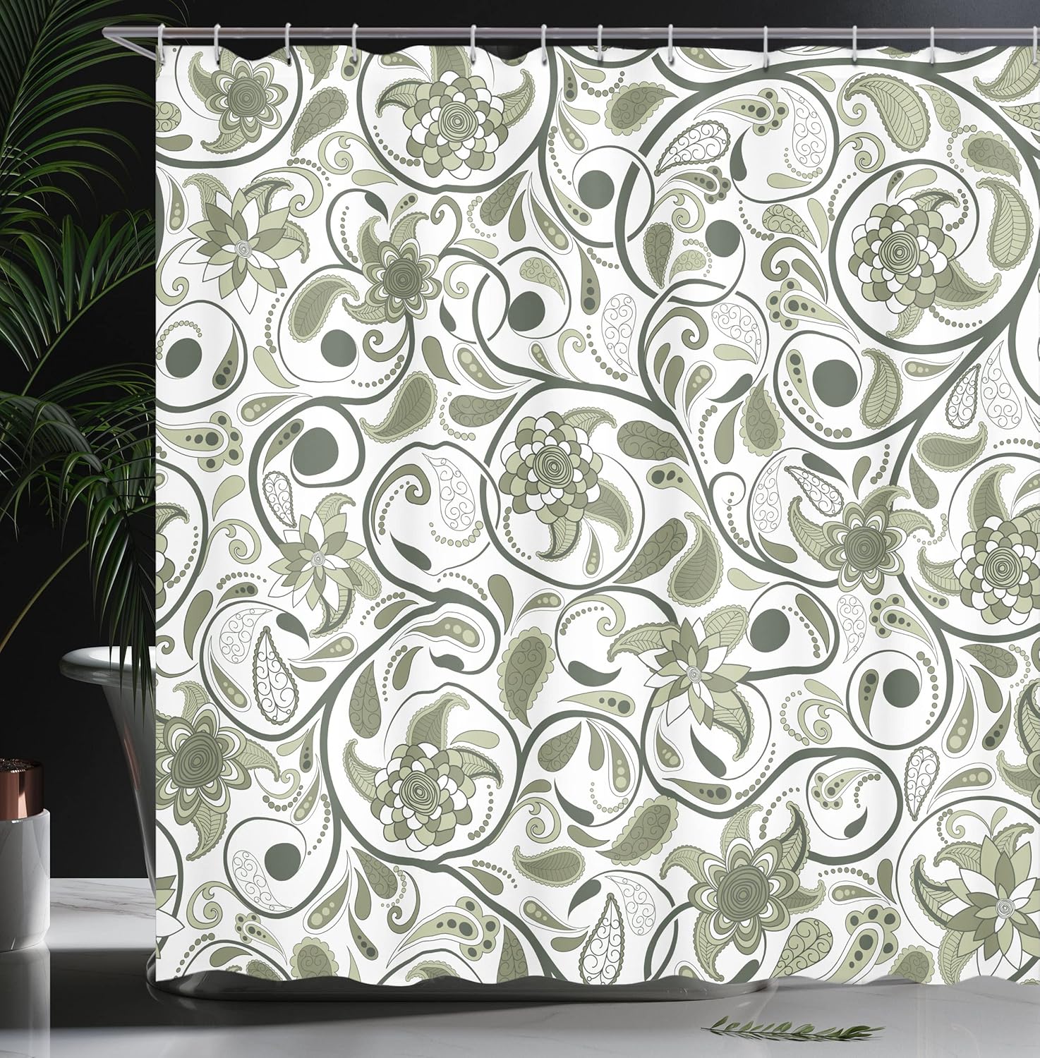 Ambesonne Vintage Shower Curtain, Oriental Scroll with Swirling Leaves with Eastern Design Inspirations, Cloth Fabric Bathroom Decor Set with Hooks, 69" W x 70" L, Army Green