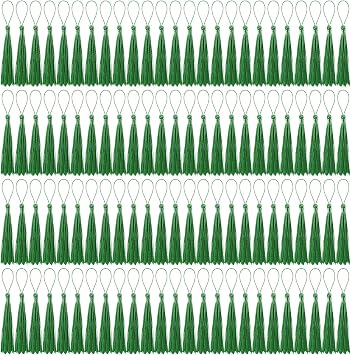 100 Pcs Bookmark Tassels Bulk Grass Green Soft Craft Silky Handmade Mini Tassels for Jewelry Making with Loops for DIY Craft Accessory Dress Decoration