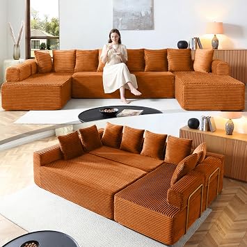 145" Oversized Cloud Boneless Sofa Couch with Chaise, Modern Corduroy Modular Sectional Sofa with Deep Seat, Comfy U Shaped Couch with 8 Throw Pillows for Living Room, No Assembly Required, Orange