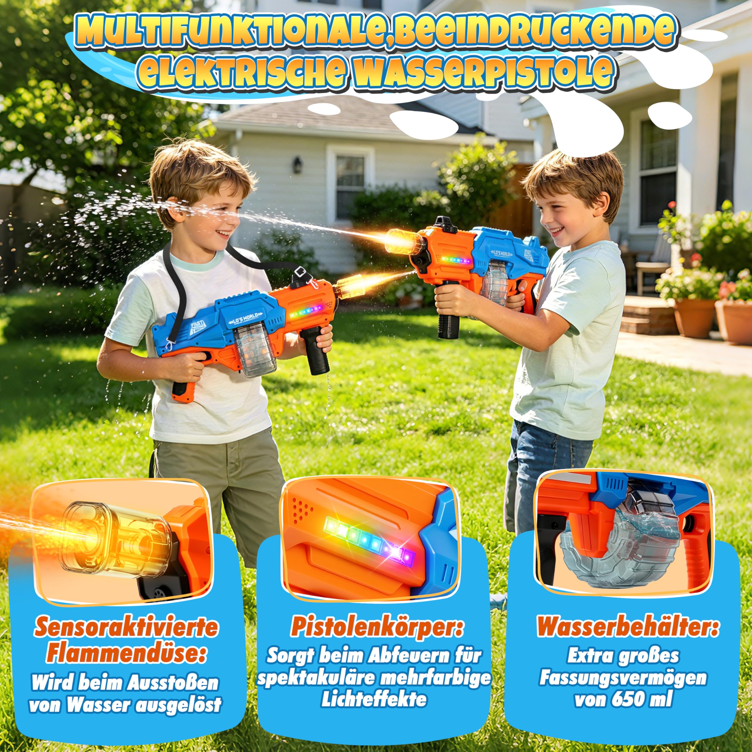 Ulikey Elektrische Wasserpistole, Wasserpistole Elektrisch Sehr Stark Reichweite 10M, Wasserpistolen 650ML mit Automatische Wasseraufnahme, LED-Licht, Abnehmbarer Tragegurt für Pool Strand Party