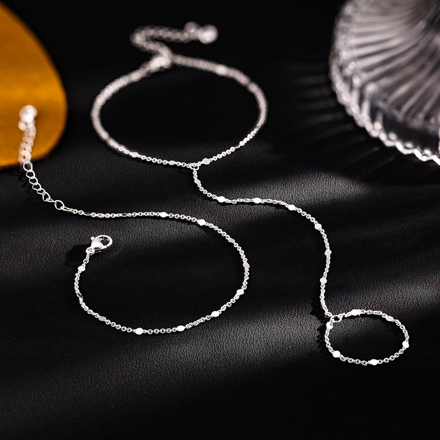 Hand Chain Siver Bracelet for Women, Silver Beaded Ring Hand Chain Finger Ring Cubic Zirconia Dainty 14K Gold Plated Cross Bracelet Chains for Women Simple Body Jewelry - Image 3