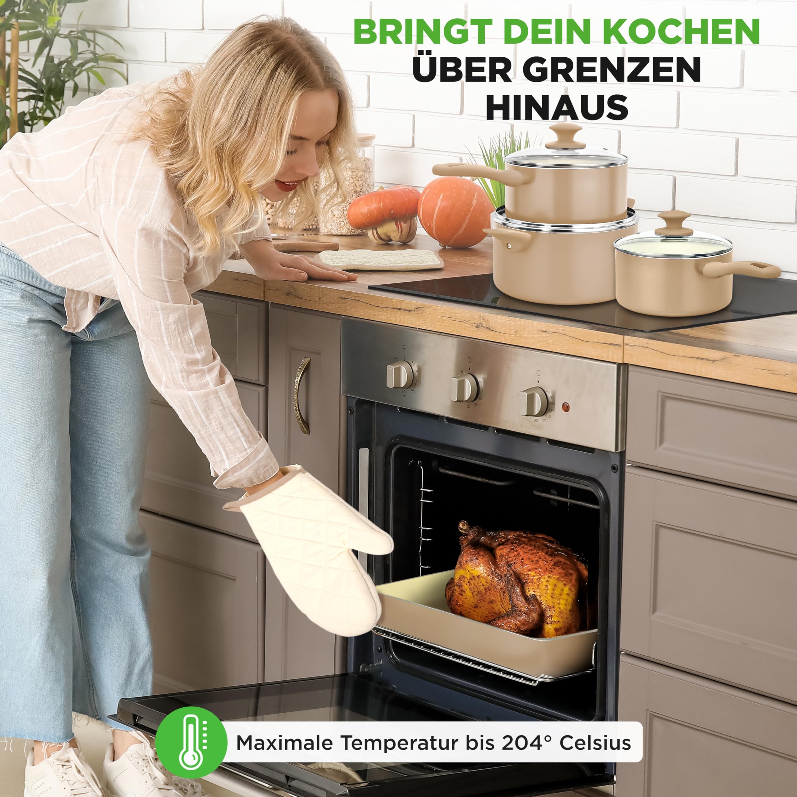 NutriChef Set mit 75 Antihaft-Pfannen und -Töpfen, Komplettes Set aus Keramik-Küchenutensilien mit Backzubehör, Messer-Set und Zubehör, fleckenbeständig, lebensmittelsicher, Creme/Braun