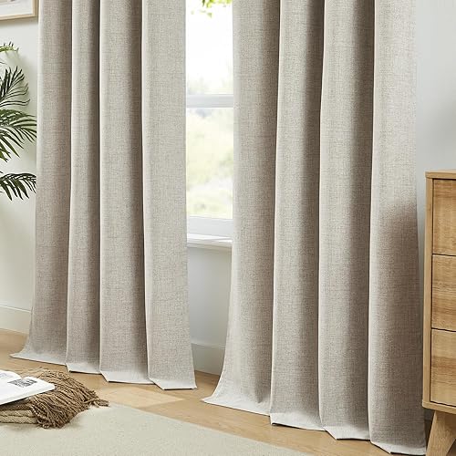 Miniatura 8 de Melodieux Juego de 2 paneles de cortinas opacas de lino beige de 84 pulgadas de largo, cortinas de bloqueo de luz con aislamiento térmico con ojales