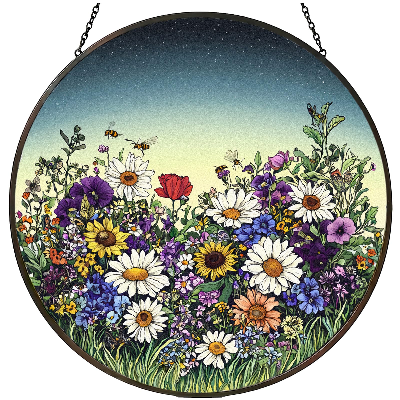 Stained Glass Window Hanging Suncatcher, Floral Meadow with Bees, Colourful Wildflower Stained Glass Window Decor for Doors Walls Home, Mum Nana Grandma Women's Gift