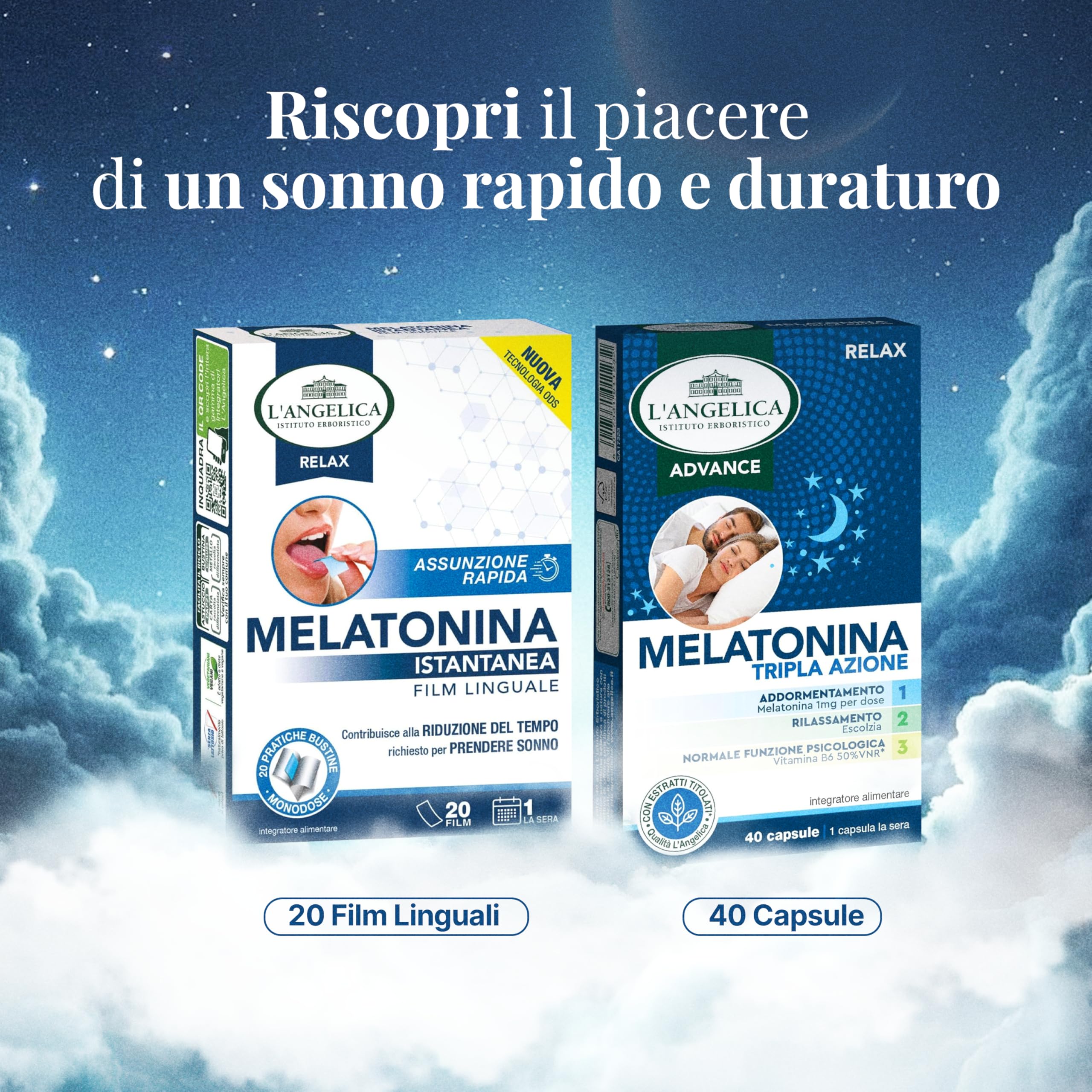 L'Angelica, Melatonina Istantanea Film Linguale, Integratore Per Prendere Sonno Più Velocemente, Assunzione Rapida, 1 Confezione da 20 Film