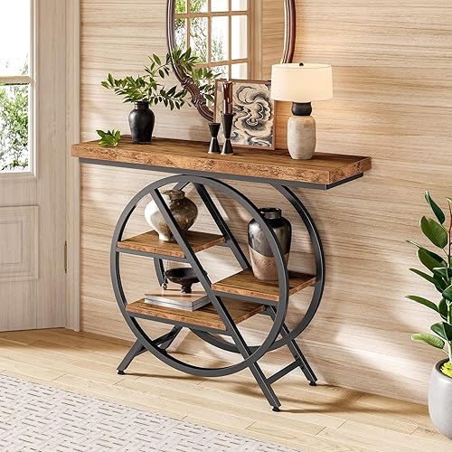 Miniatura 4 de LITTLE TREE Mesa consola para entrada, mesa de sofá de 39.37 pulgadas detrás del sofá, mesa de madera industrial de 4 niveles estrecha con marco de
