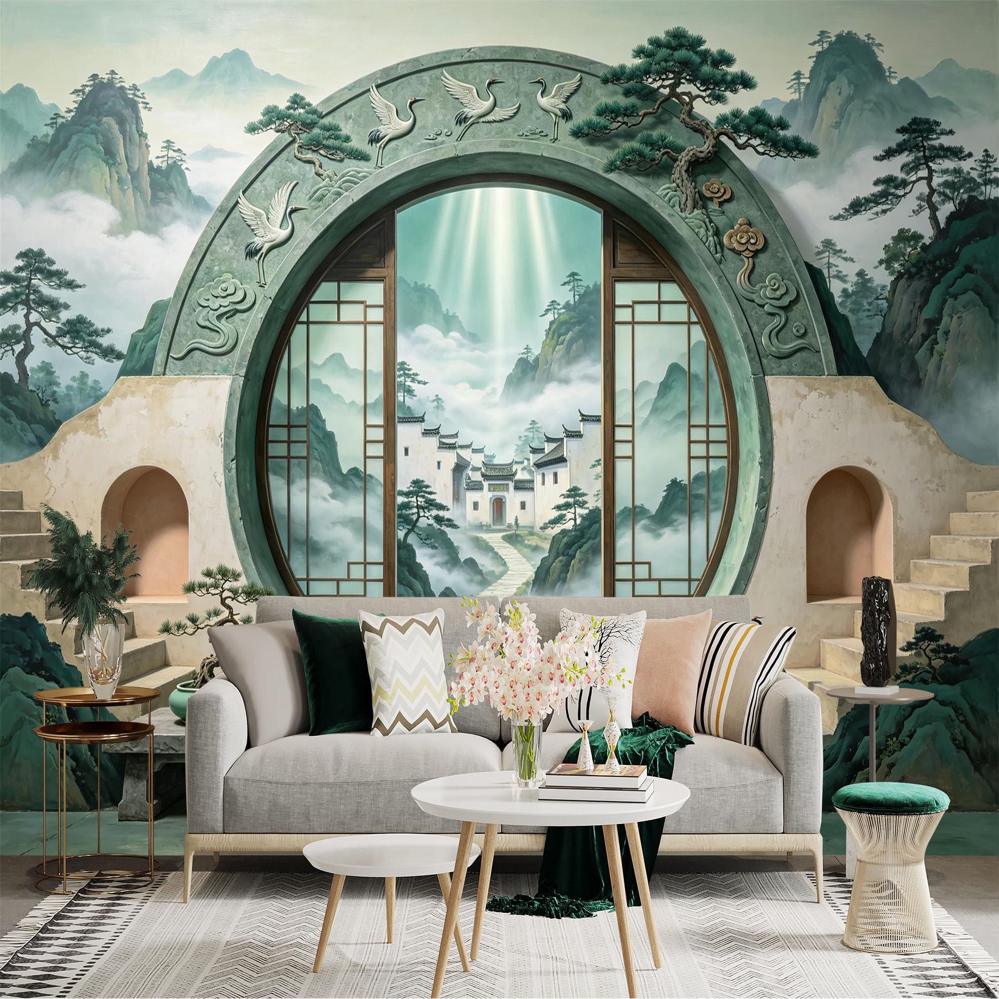 Custom Size Wall Sticker Mural， Oriental Mountain Landscape with Circular Gate， Cranes and Misty Village， for wall Decoration， peelandstick wall Decals.