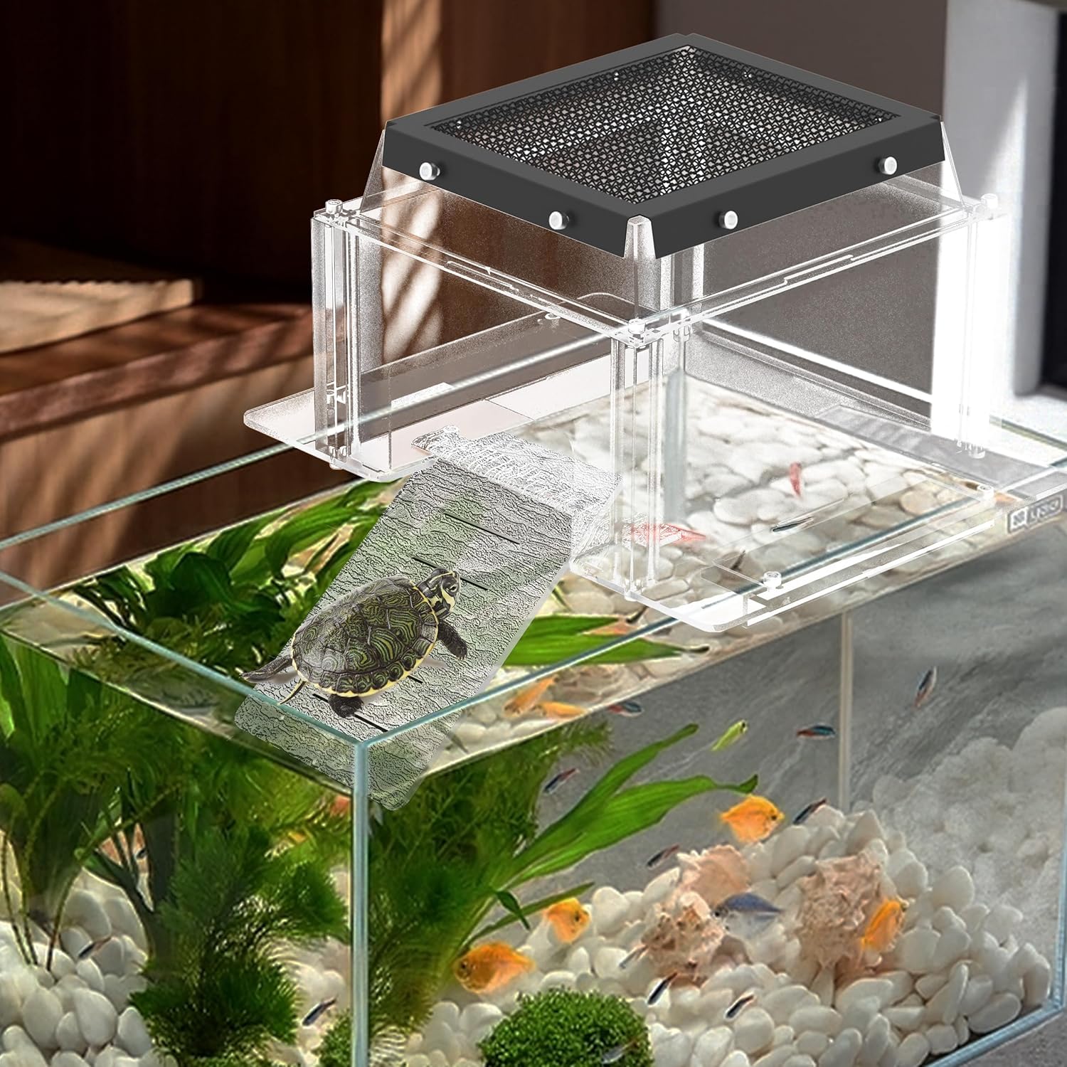 Turtle Basking Platform & Dock Fits 9.8-13.6 Inch Wide Aquariums, Clear Acrylic Turtle Topper Basking Platform with Metal Mesh Top, Anti-Slip Reptile Ramp Sunbathing Dock