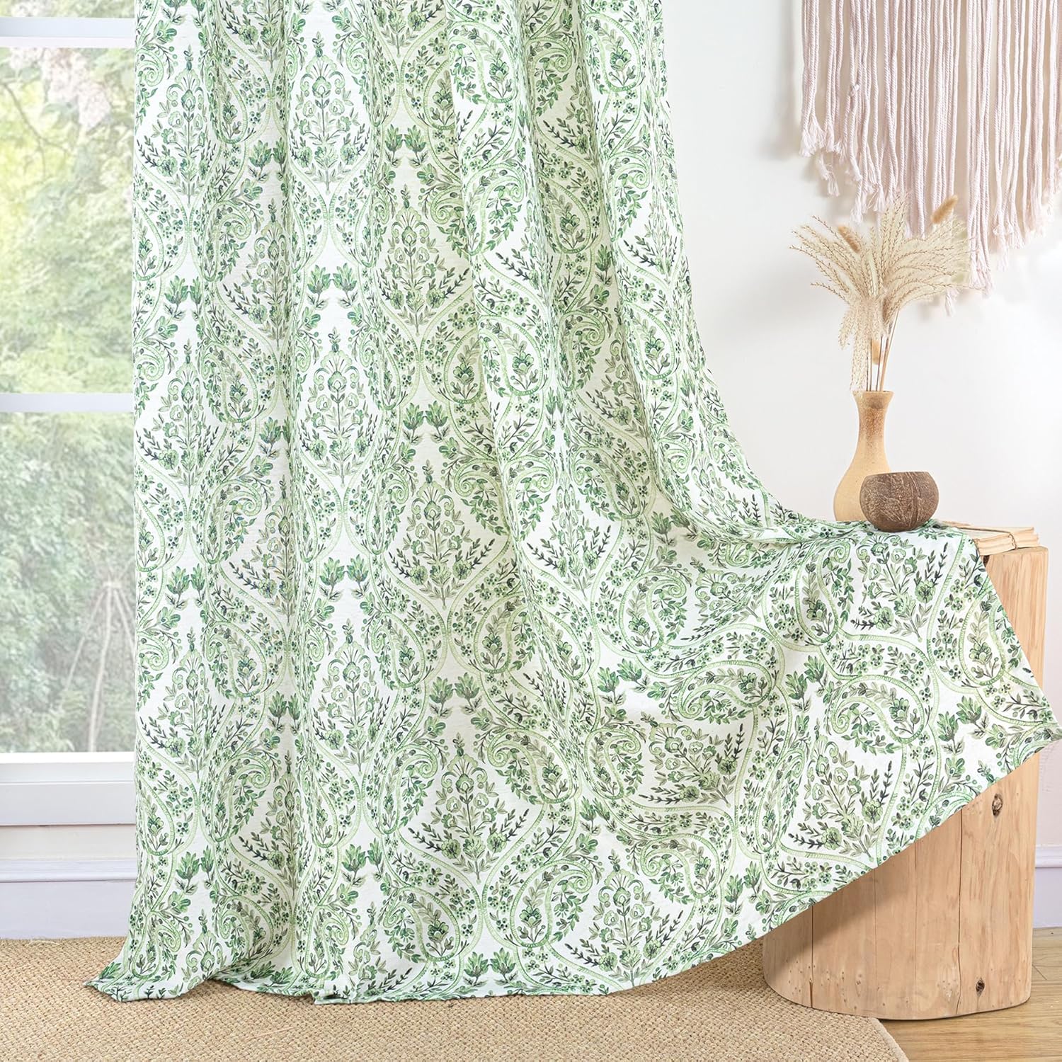 BGment Green Curtains for Living Room - Spring Leaf Floral Pattern Printed Curtains Grommet Semi Sheer Light Filtering Cottage Core Window Drapes for Farmhouse, 2 Panels, 52 x 84 Inch