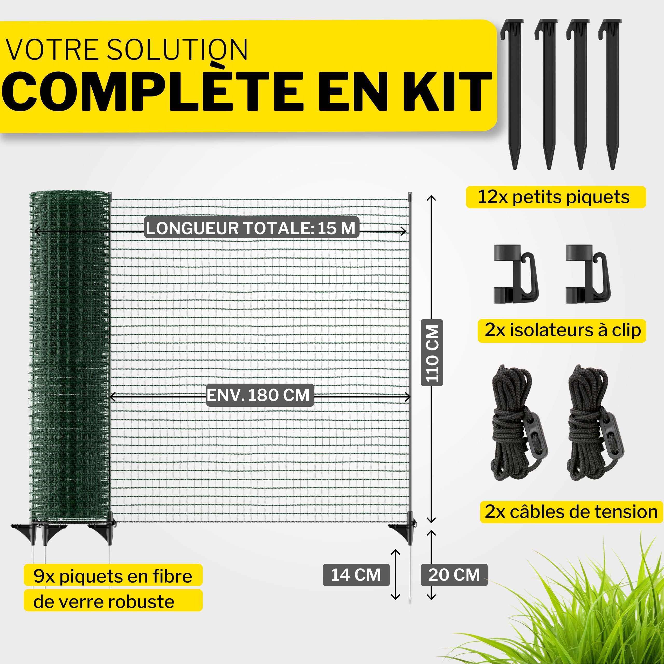 horizont Fix clôture de Jardin à Mailles serrées 15 m x 110 cm avec 9 piquets, pour Chien, extérieur Amovible, Camping, Potager et Poules