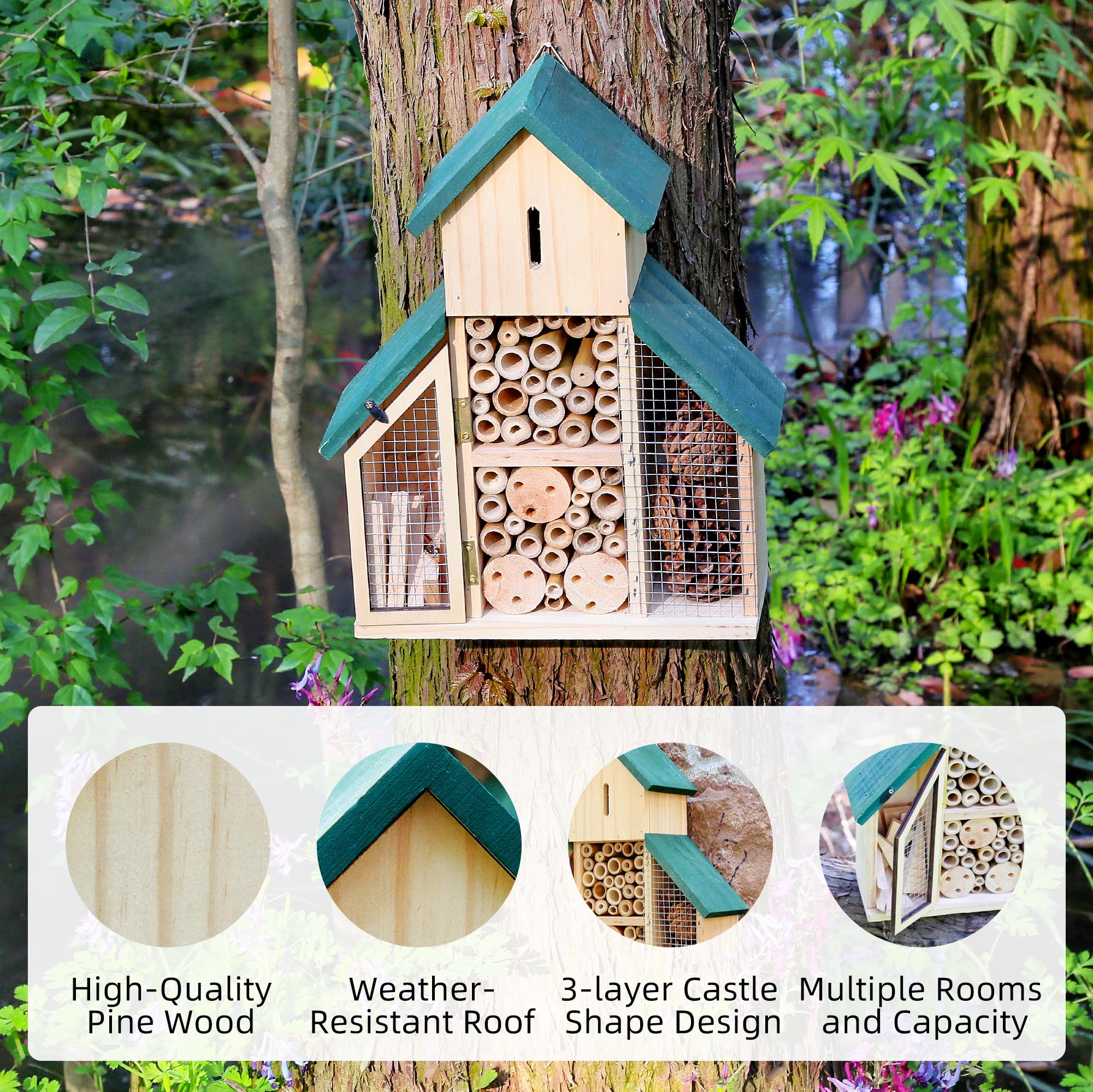 3-lagiges Insektenhaus aus Holz mit grünem Dach, mehrere Räume und Kapazität, Insektenhotel, ein hängender Lebensraum für Bienen, Schmetterling, Marienkäfer, Bienenkiste