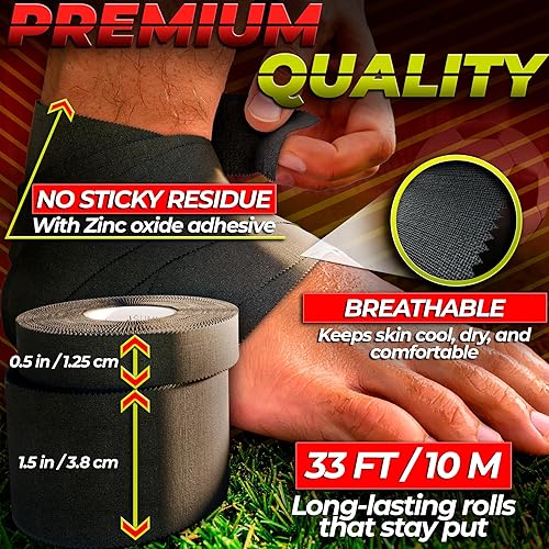 Miniatura 2 de Summum Fit Cinta atlética negra extremadamente fuerte 8 rollos + 2 cintas para los dedos. Fácil de aplicar y sin residuos pegajosos. Cinta deportiva