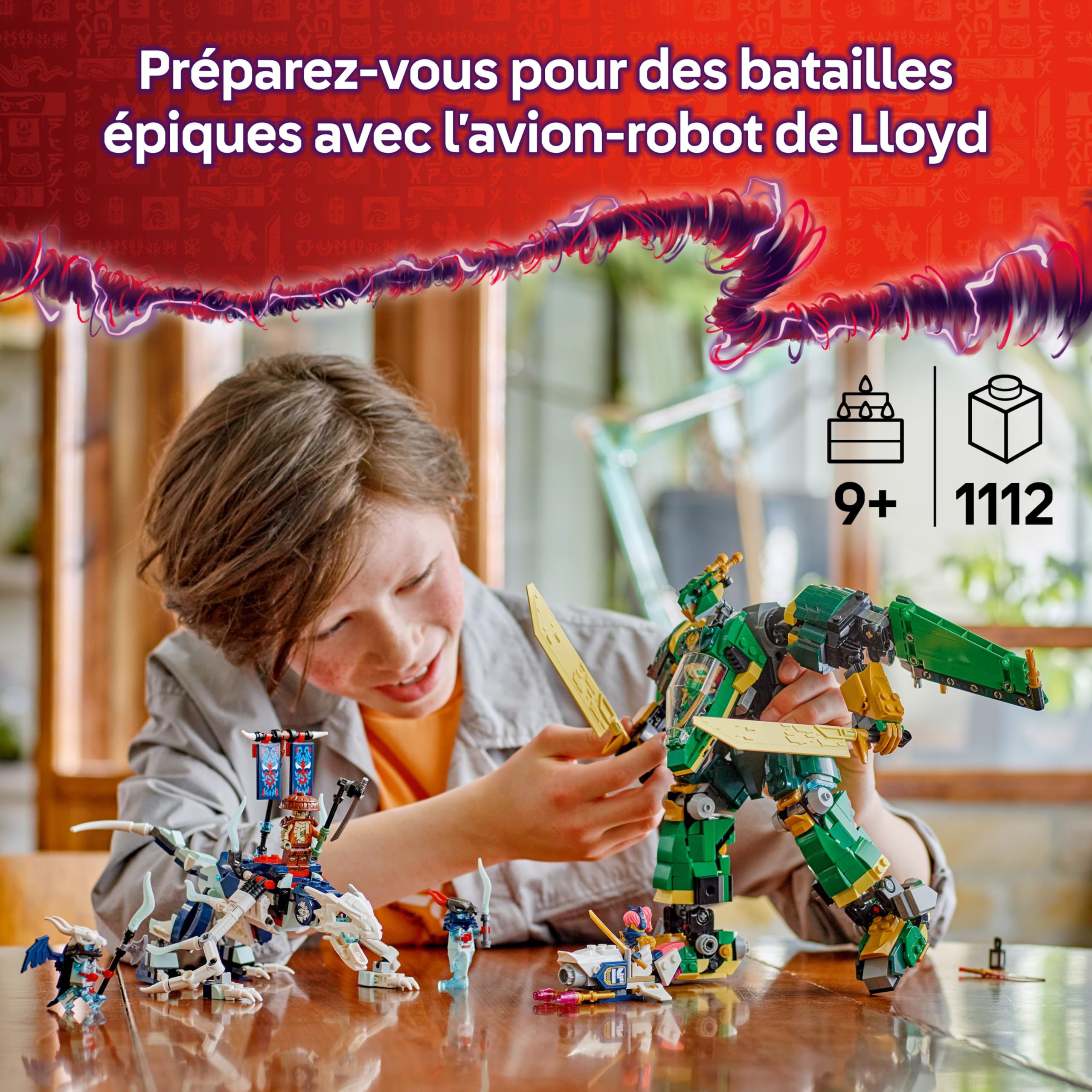 LEGO Ninjago L’Avion-Robot De Lloyd - Figurine Articulée Modulable en Jet - 5 Minifigurines Dont Sora & Lloyd - Figurines De Moto & Dragon - Cadeau pour Garçon Dès 9 Ans & Fans De La Série TV 71845
