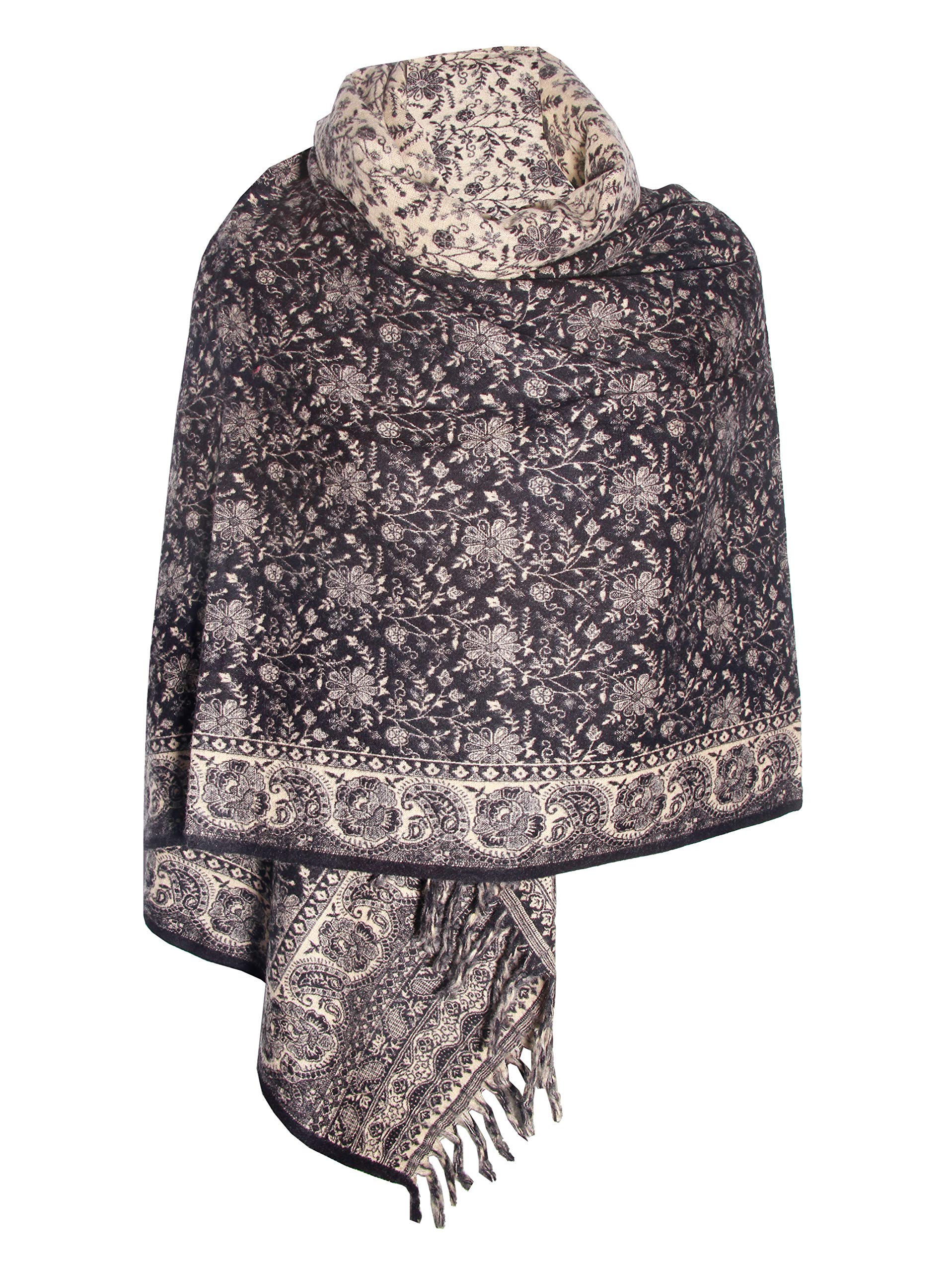 TIBET Yak-Schal / Schal aus reiner Yakwolle, florales Muster, Unisex, übergroß, doppelseitig, luxuriös, Schwarz