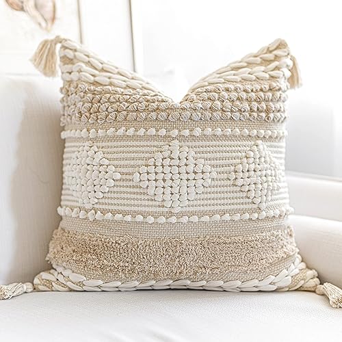 BlissBlush Funda de almohada decorativa bohemia color blanco crema de 20 x 20 pulgadas, funda de almohada tejida bohemia, funda de almohada