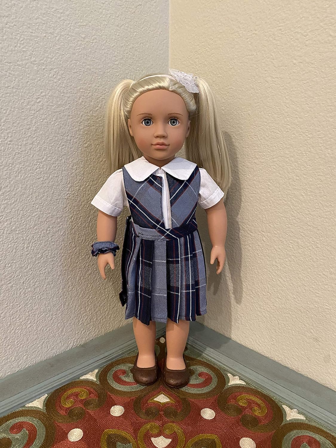 18 inch American Doll Outfit/Two Styles Jumper//School Plaid Jumper include Blouse and Hair Accessory/(Doll and Shoe not included) (Manhattan-P82, Split-Front)