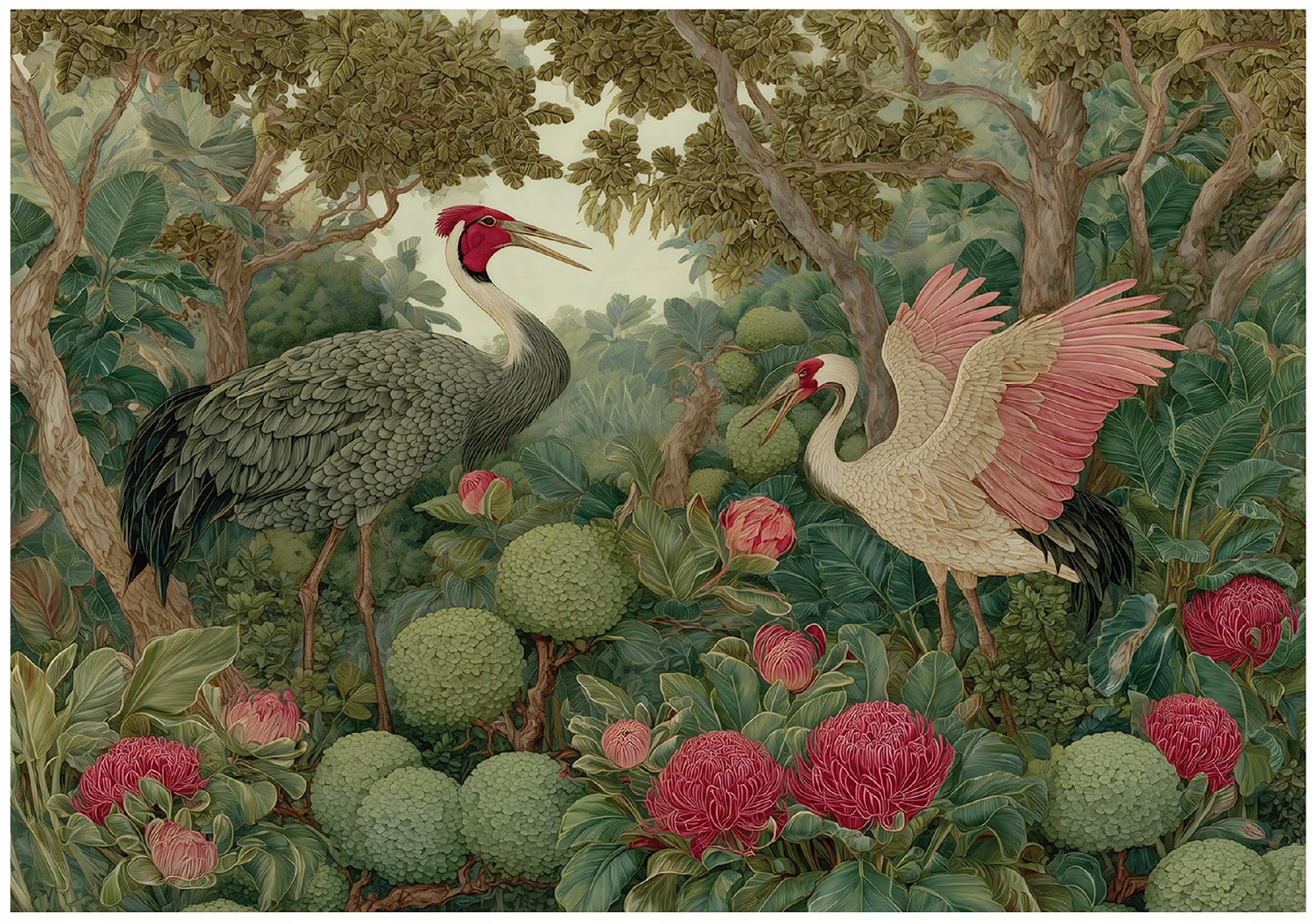 Wallarena Crane Bird Green Non-Woven Photo Wallpaper 300 X 210 Cm