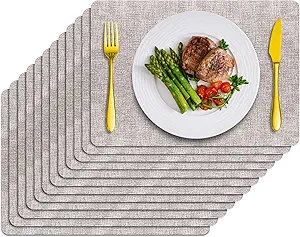 Placemats Set of 12 Washable, Heat Resistant Table Placemats Wipeable Faux Leather Place Mats Non Slip, Waterproof Square Table Mats for Indoor Outdoor, Light Grey