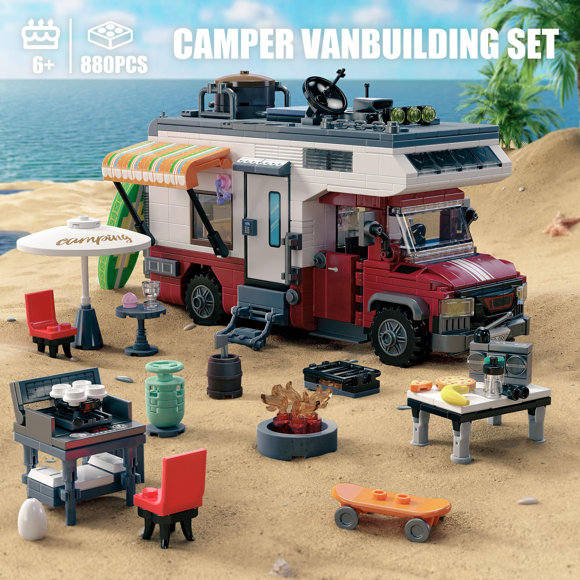 TYCOLE Jeu de Construction Véhicule de Camping Car 880 Pièces | Maquette Voiture d'Aventures City avec Lumières et Accessoires Créative Cadeau Jouet pour Enfants Garçons Filles Dès 6 Ans