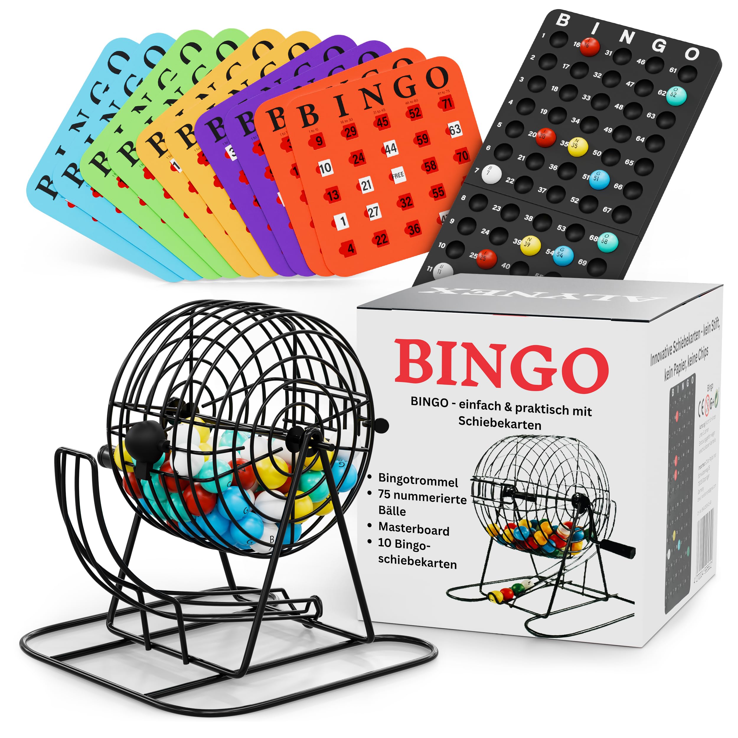 Bingo Spiel – Set mit Metalltrommel, Bingo Karten, Spielbrett & 75 Kugeln – 10 Wiederverwendbare Schiebekarten, Spiele für Senioren, Erwachsene & Kinder ab 6 – Familienspiel, Partyspiel
