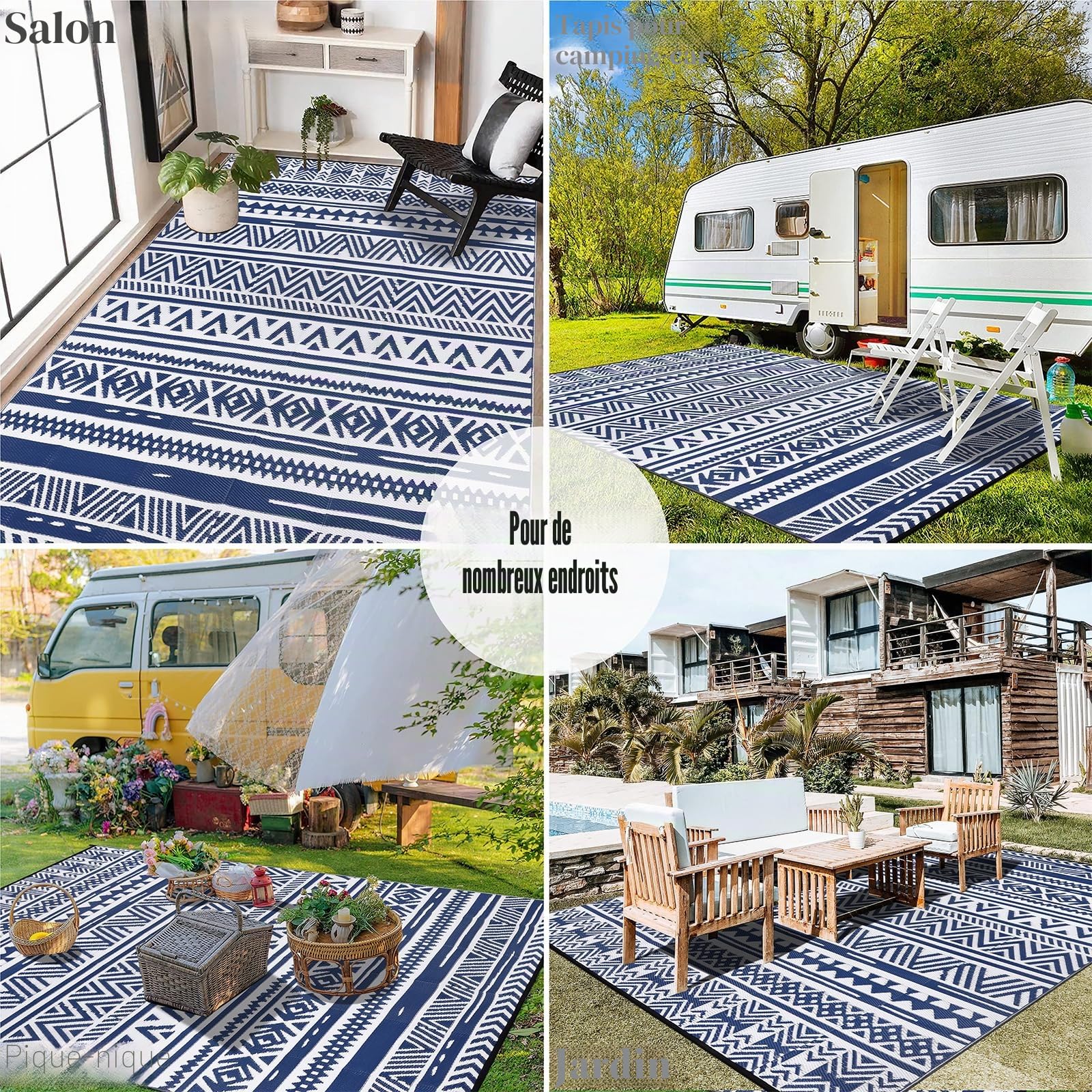 Enyhom Tapis D'extérieur Réversible 240 x 300 cm, Bleu Plastique Durable Résistant aux UV Tapis de Camping pour Camping-Car