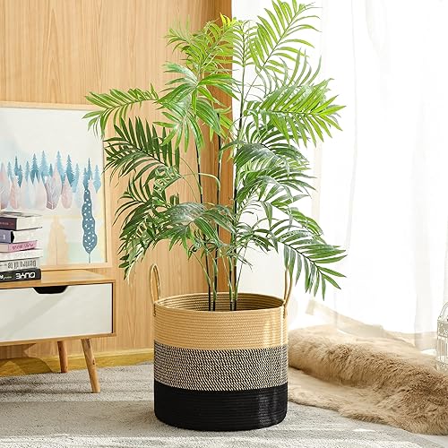 Miniatura 6 de KAKAMAY Cesta grande para mantas (18 x 18 x 16 pulgadas), cesta tejida para ropa sucia para bebé, cestas de cuerda de algodón para guardería,