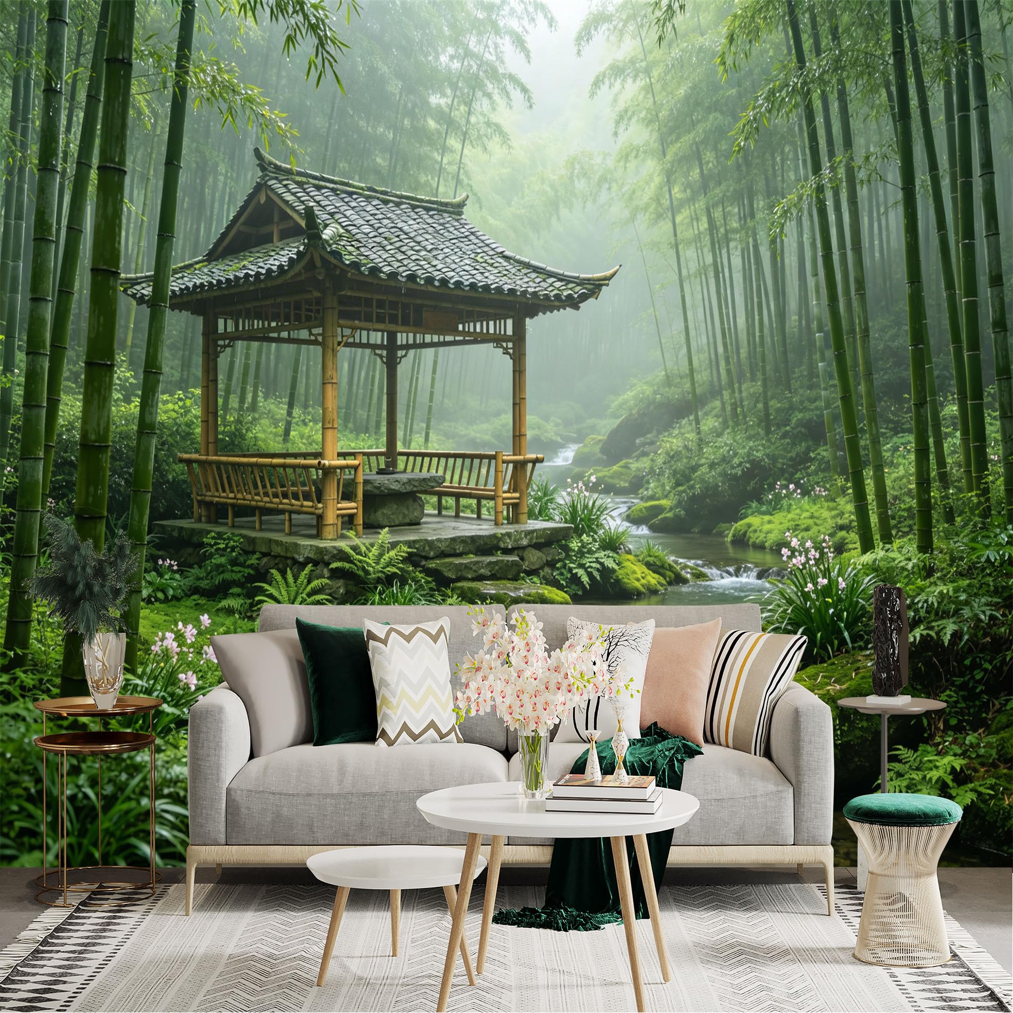 Custom Size Wall Sticker Mural， Bamboo Forest with Japanese Pavilion and Stream， for wall Decoration， peelandstick wall Decals.