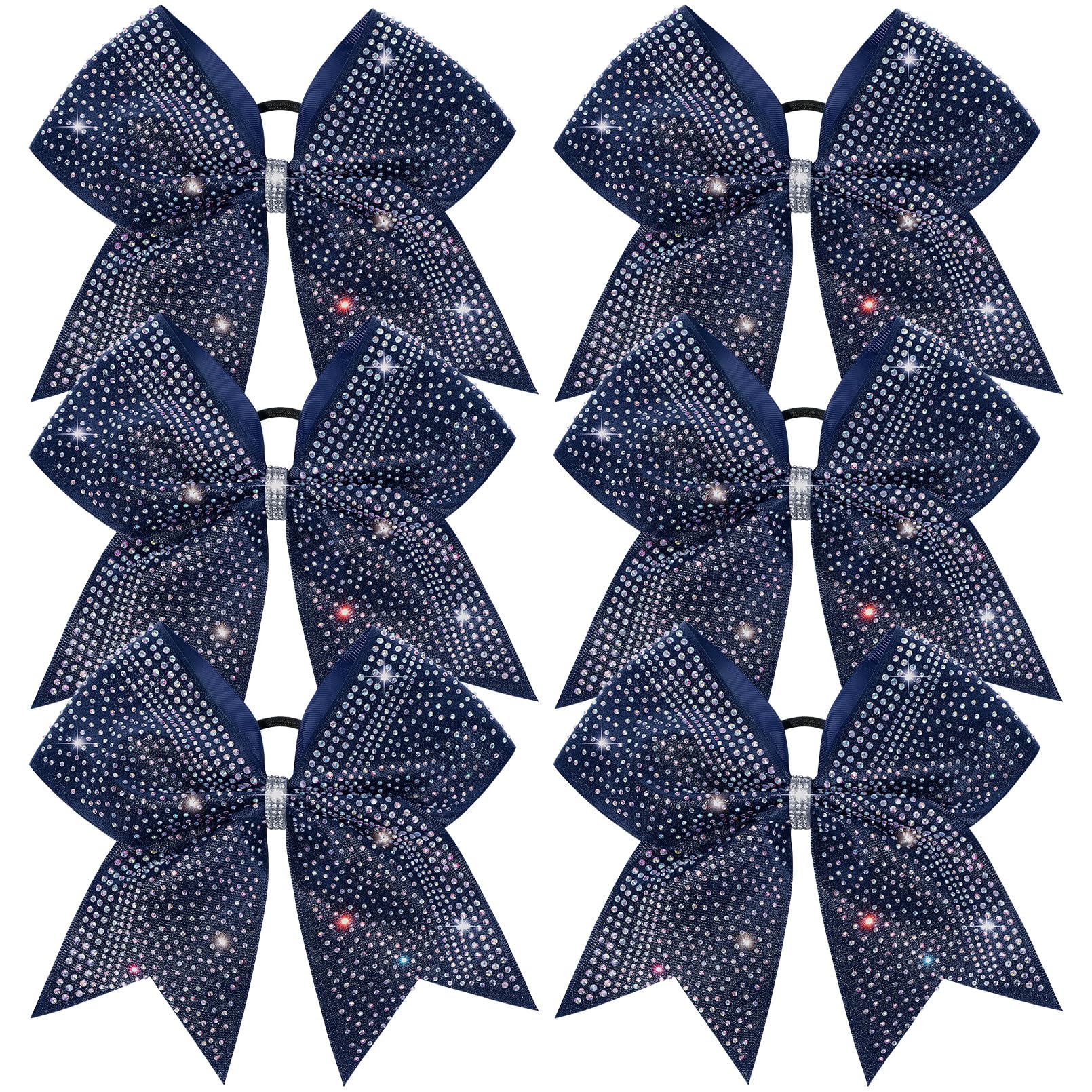 DEEKA 6PCS 8" Large Glitter Cheer Bows with Full Rhinestones Colorful Shimmer Shiny Cheer Hair Bows Elastic Band Ponytail Holder for Cheerleader Girls
