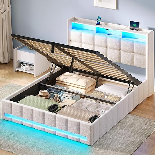 Rolanstar Queen Size Bed Frame with Lift Up Storage, Charging Station & LED Lights, Upholstered Bed with Heavy Duty Wooden Slats, No Box Spring Needed, Noise Free, Easy Assembly, Beige - Beige - Queen