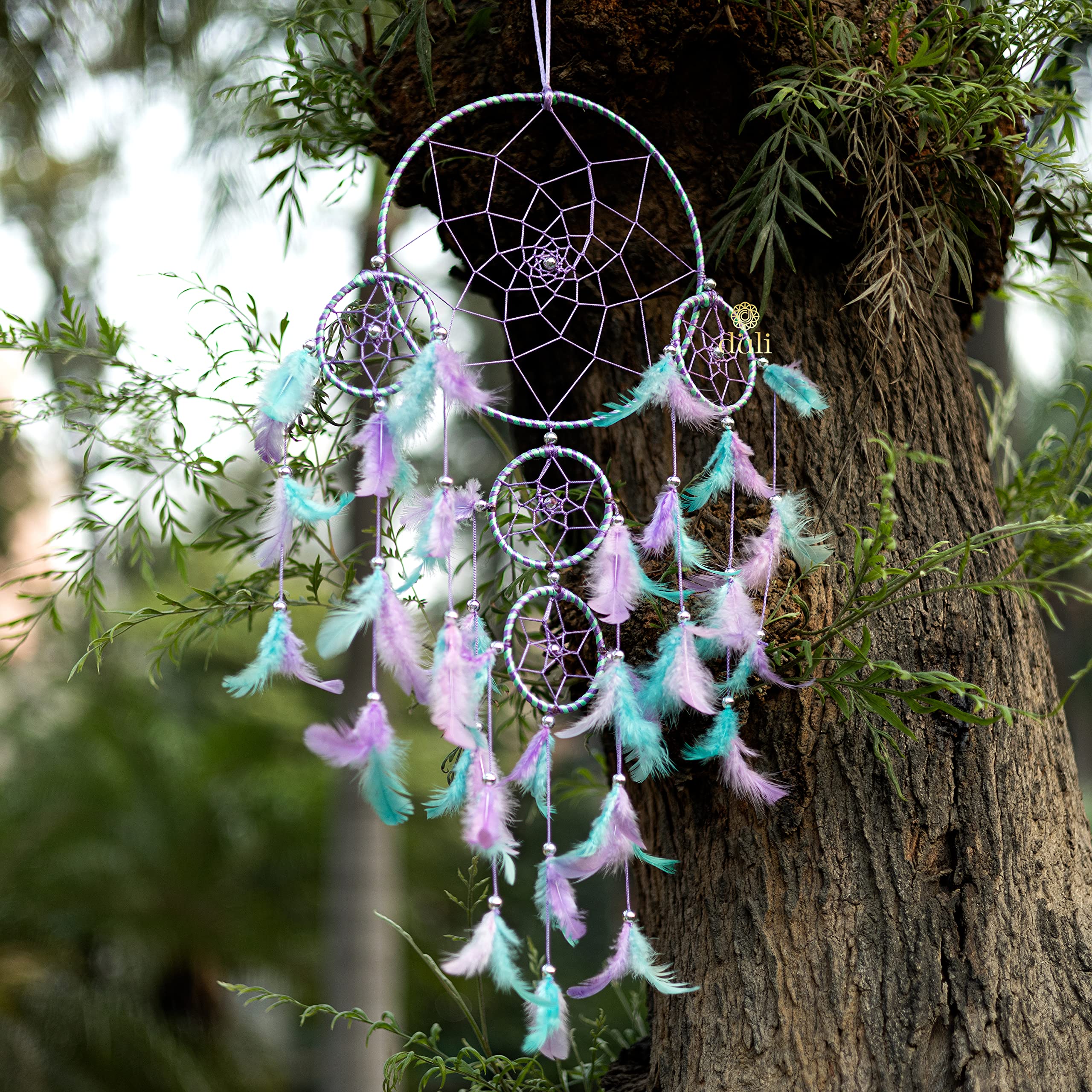 DULI Dreamcatcher Traditional Indian Wall Art Decoratives for Bedrooms, Home Wall Hanging Design, Garden, Restaurants, Cafe, & Party Places Height 75 cm (5RingDC-AquaPurple)