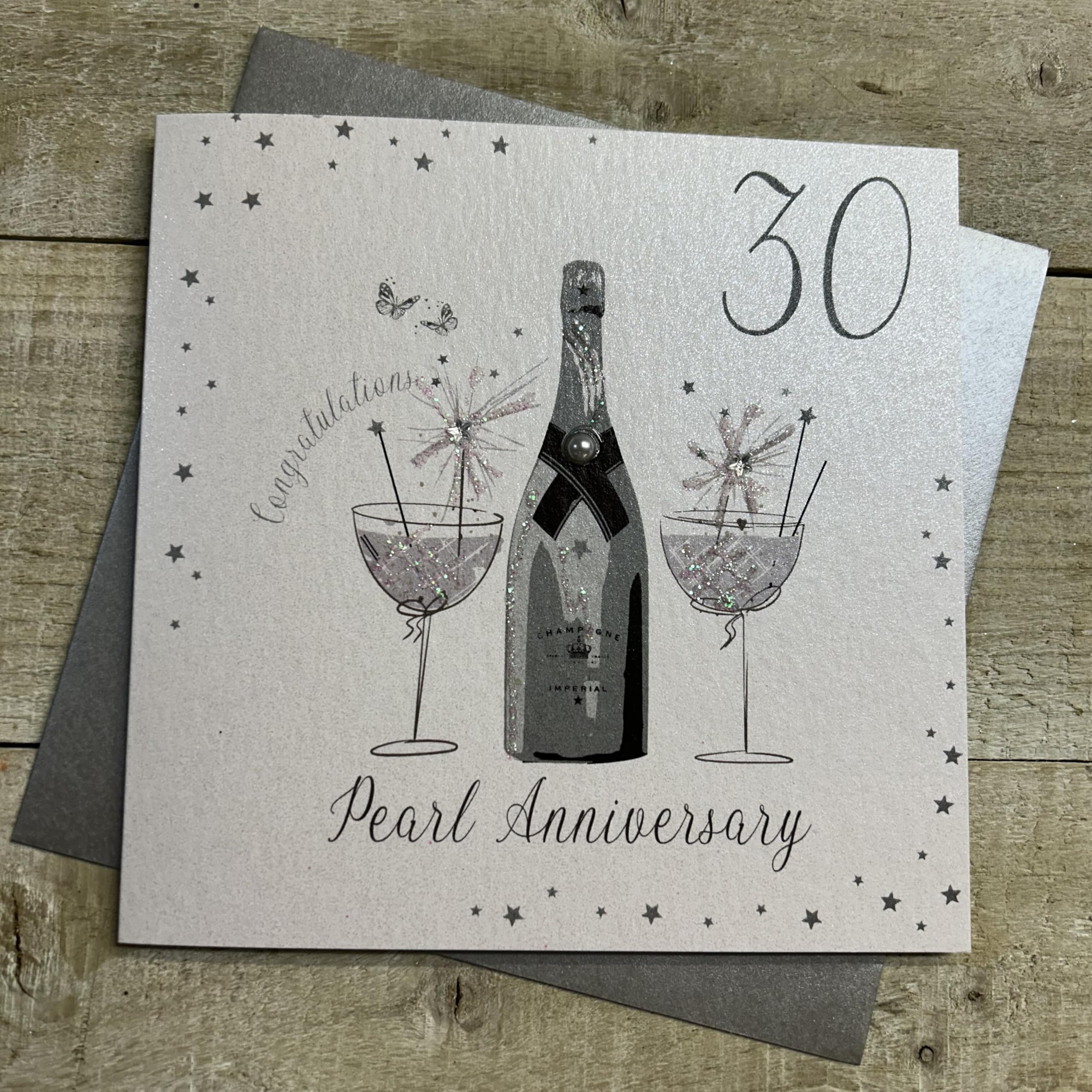 WHITE COTTON CARDS 30th Anniversary Handmade Card with Champagne and Chocolates, White