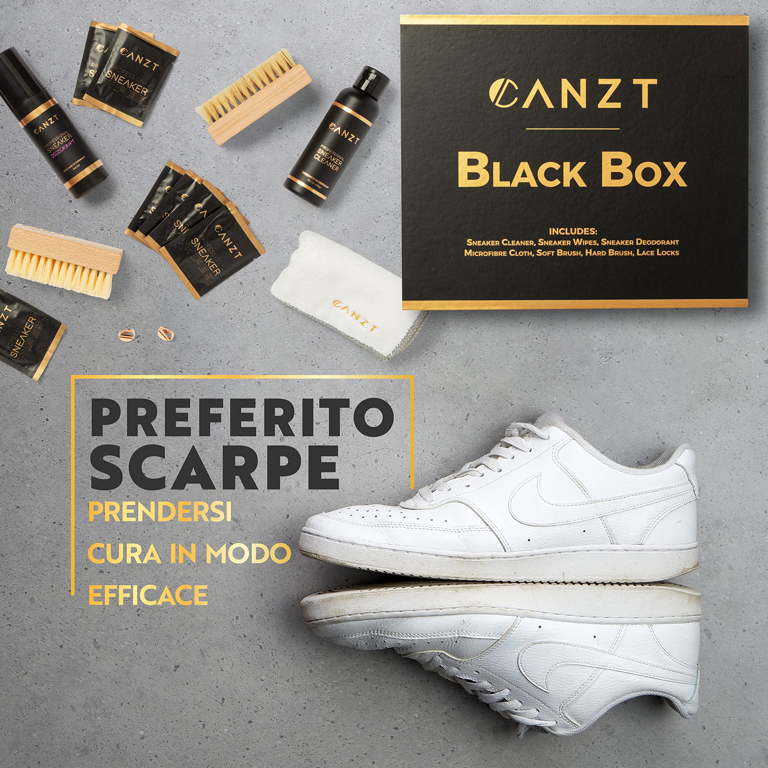 Canzt Kit Pulizia Scarpe Black Box – Kit pulizia sneakers premium con detergente scarpe, salviette, deodorante, spazzole e panno in microfibra per pelle, camoscio, nubuck e tessuto