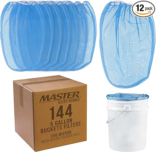Master Elite 5 Gallon Paint & Liquid Strainer Filter Bag with Pure Blue Fine Nylon Mesh, Pack of 144 - Used in 5 Gallon Buckets, Disposable Filtering Bag, Elastic Top Opening - Hydroponics, Gardening