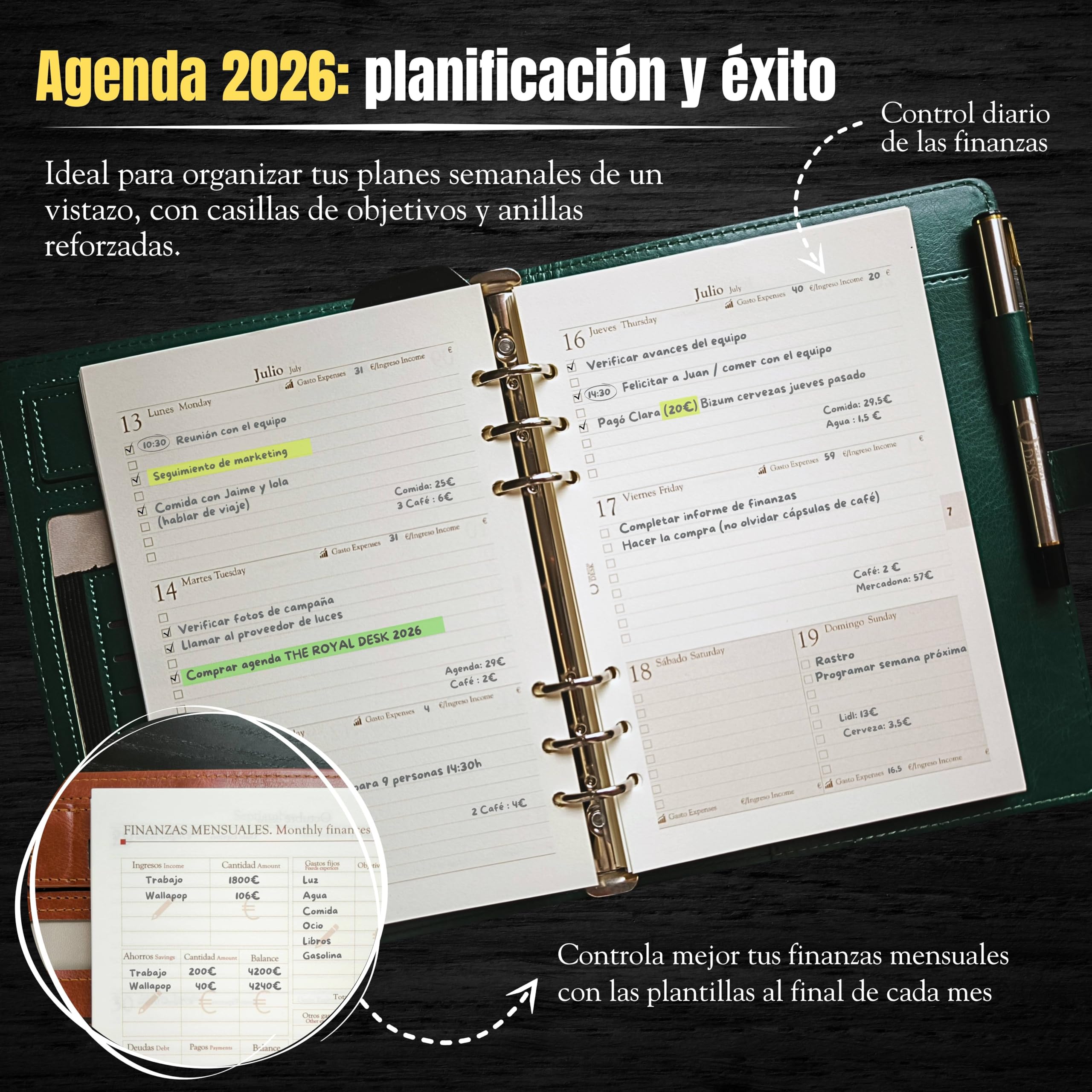 Agenda 2025 settimana vista 6 anelli MONTBLANC in pelle vegana e copertina rigida. Include penna, supporto e tasca mobile. Organizzatore settimanale A5 fogli crema, agenda giornaliera 365 giorni