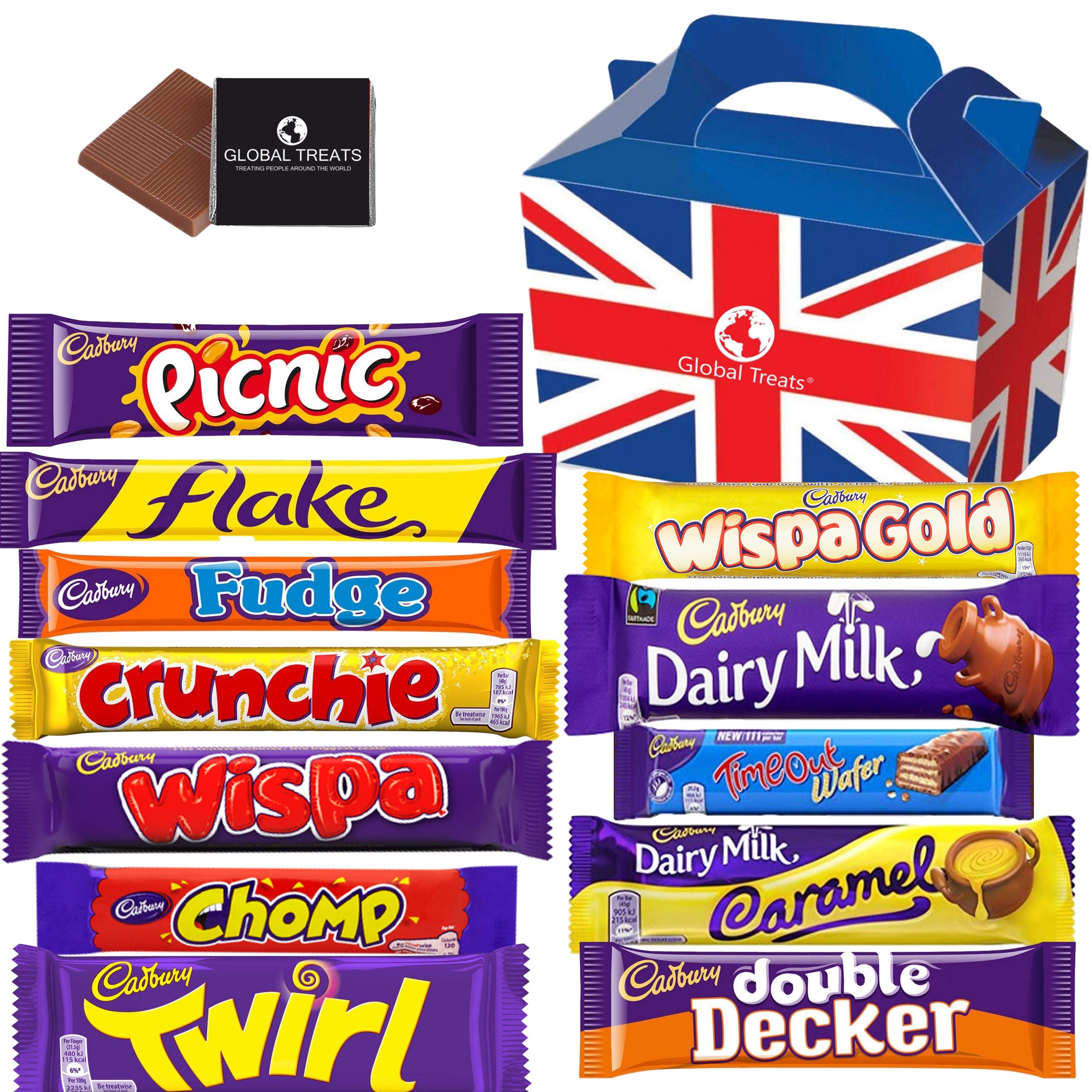 Cadbury Chocolate Gift Pack Large - 12 FULL SIZE Chocolate bars of delicious Cadbury Chocolate from the UK with unique Gift Box and a free Global Treats Chocolate. - 