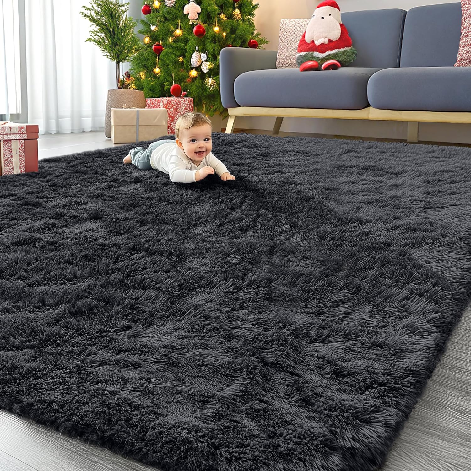 OLANLY 9x12 Machine Washable Large Area Rugs for Living Room, Bedroom, Soft Fluffy Shaggy Bedside Rug, Indoor Floor Carpet for Kids Girls and Boys, Dorms, Nursery, Home Decor Aesthetic, Black 9x12 Feet Black
