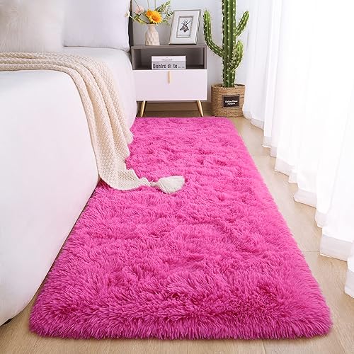 Chicrug Soft Runner Rug for Bedroom Living Room Plush Fluffy Rug 2x6 Feet, Shag Furry Runner Rug Carpet Non Shedding for Nursery Children Kids Girls Room Home Decorative, Hotpink