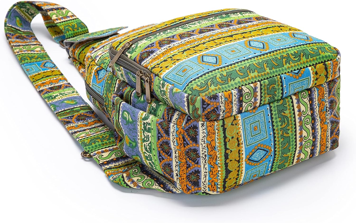 Coton Pose Women sling bag Elephant canvas large boho backpacks bohemian Crossbody Bag (green yellow) - Image 8