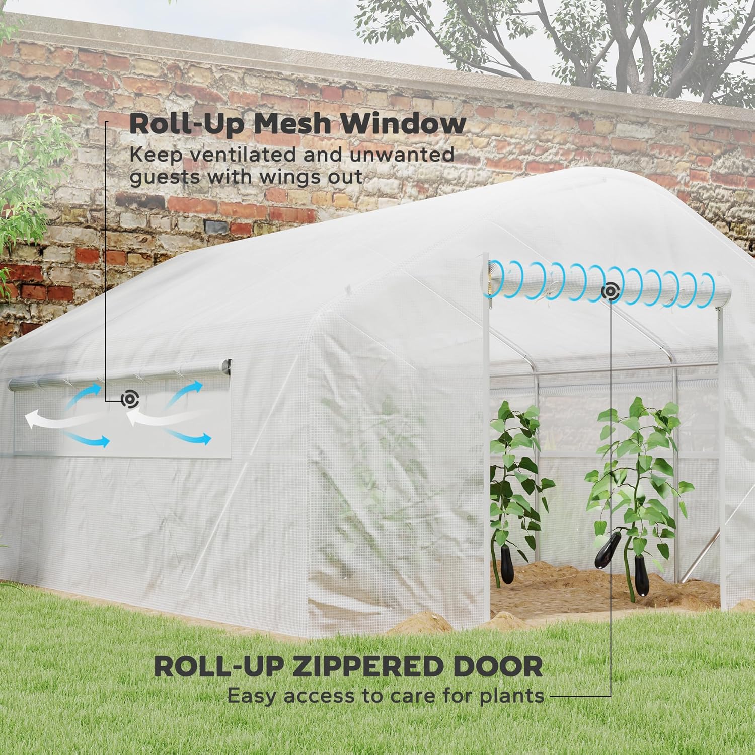 Image showing the roll-up mesh window and roll-up zippered door of the greenhouse, with arrows indicating airflow for ventilation.