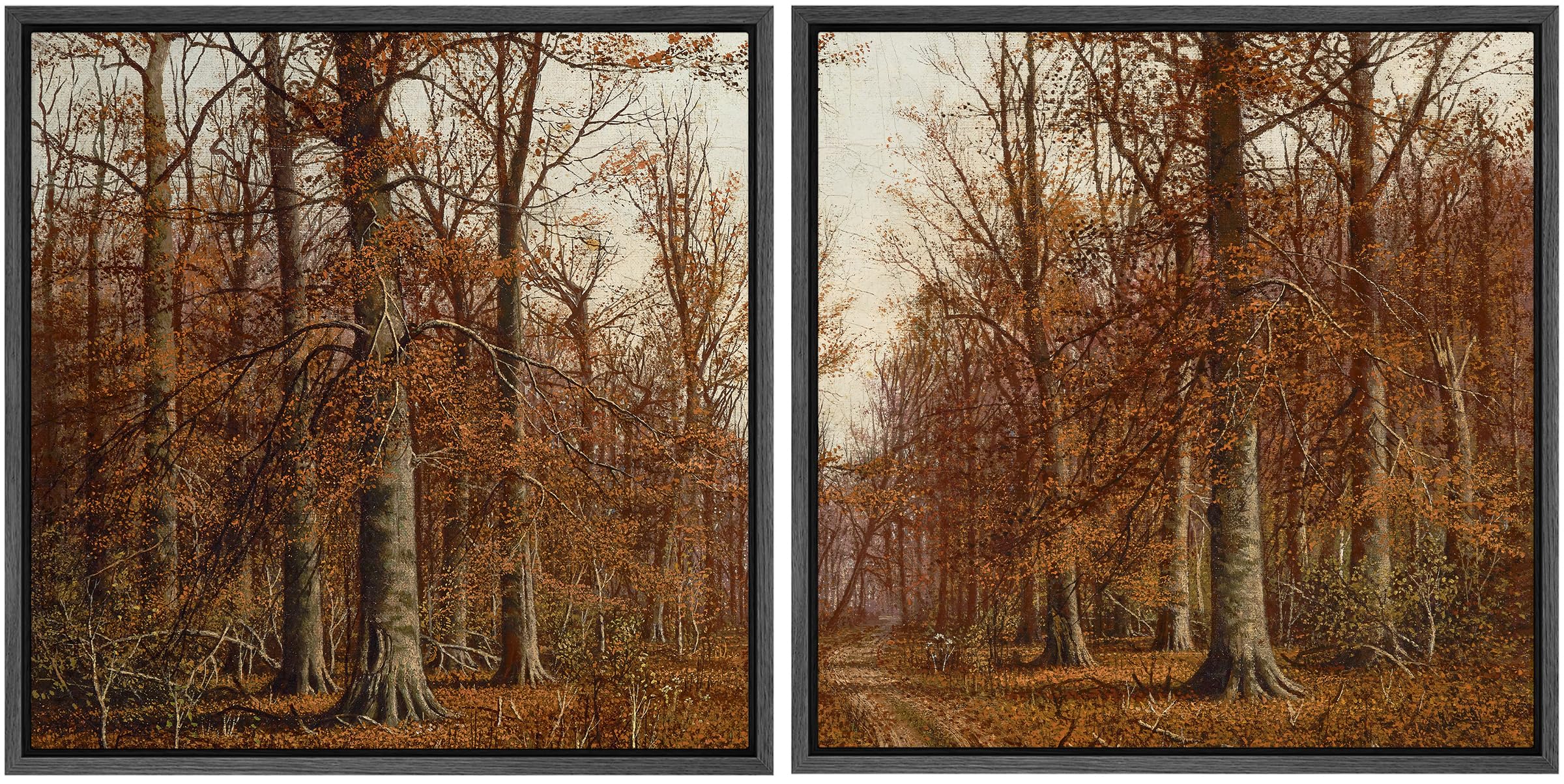 SIGNFORD Framed Canvas Print Wall Art Set Autumn Whisper Paired Forest in Fall Illustrations Modern Art Minimal Relax/Calm for Living Room, Bedroom, Office - 16"x16"x2 Black
