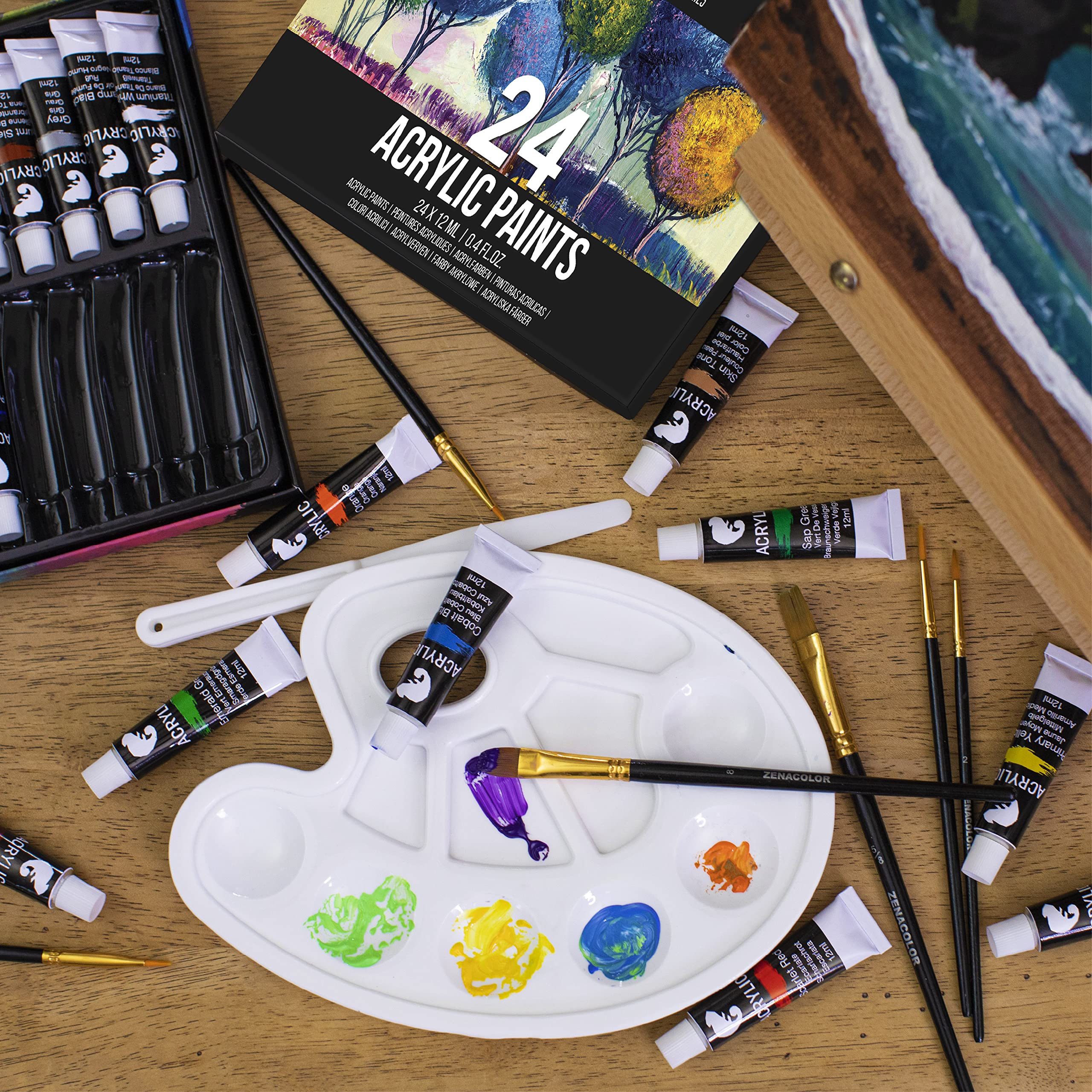 Acrylfarbe Set für Künstler 34-teilige - mit Malkoffer für Erwachsene aus Holz, Staffelei 24 Tuben Acrylfarben, 6 Malpinsel, Leinwand, Spachtelmesser und Mixpalette