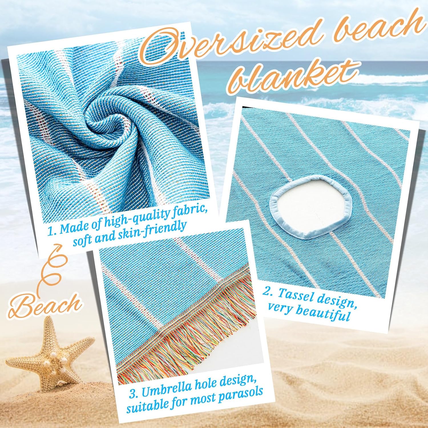 Peryiter Oversized Turkish Beach Blanket with Hole for Umbrella Cotton Extra Large Sand Free Beach Blanket Mat with Fringe Holiday Outdoor Picnic Travel Essentials Favorites, 70 x 70 Inches