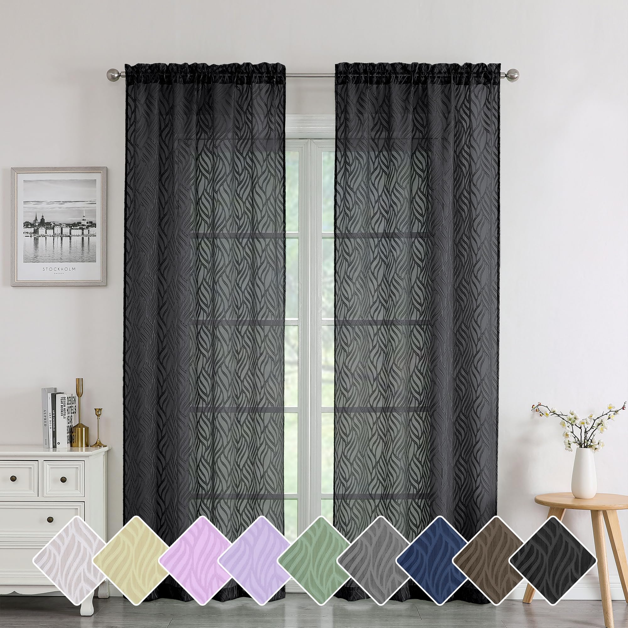 Chyhomenyc Marilyn Black Sheer Curtains 84 Inch Length 2 Panels, Light Filtering Breathable 3D Leaf Clip Jacquard Textured Sheer Curtain Drapes for Bedroom Living Room Window, 38Wx84L Inches